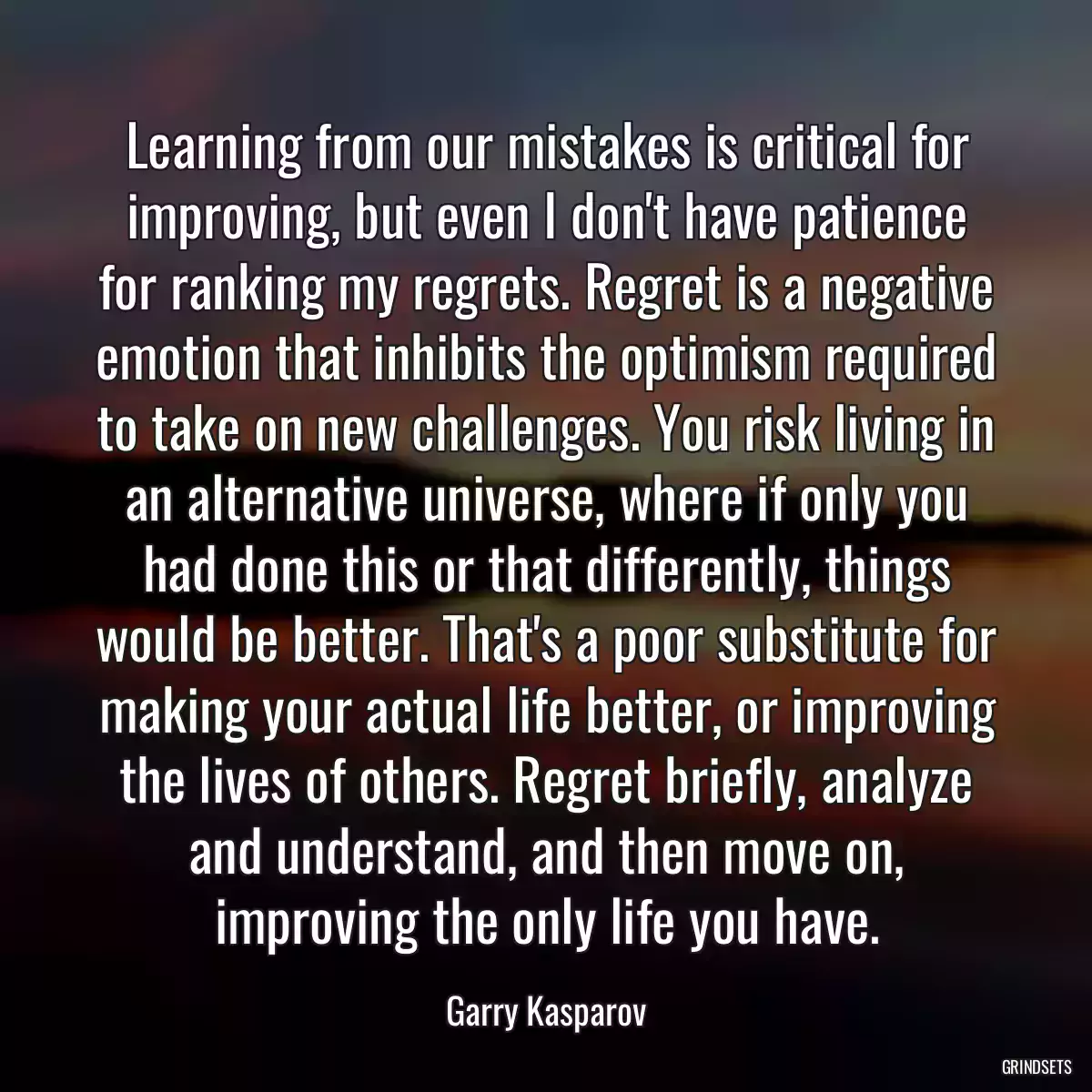 Learning from our mistakes is critical for improving, but even I don\'t have patience for ranking my regrets. Regret is a negative emotion that inhibits the optimism required to take on new challenges. You risk living in an alternative universe, where if only you had done this or that differently, things would be better. That\'s a poor substitute for making your actual life better, or improving the lives of others. Regret briefly, analyze and understand, and then move on, improving the only life you have.