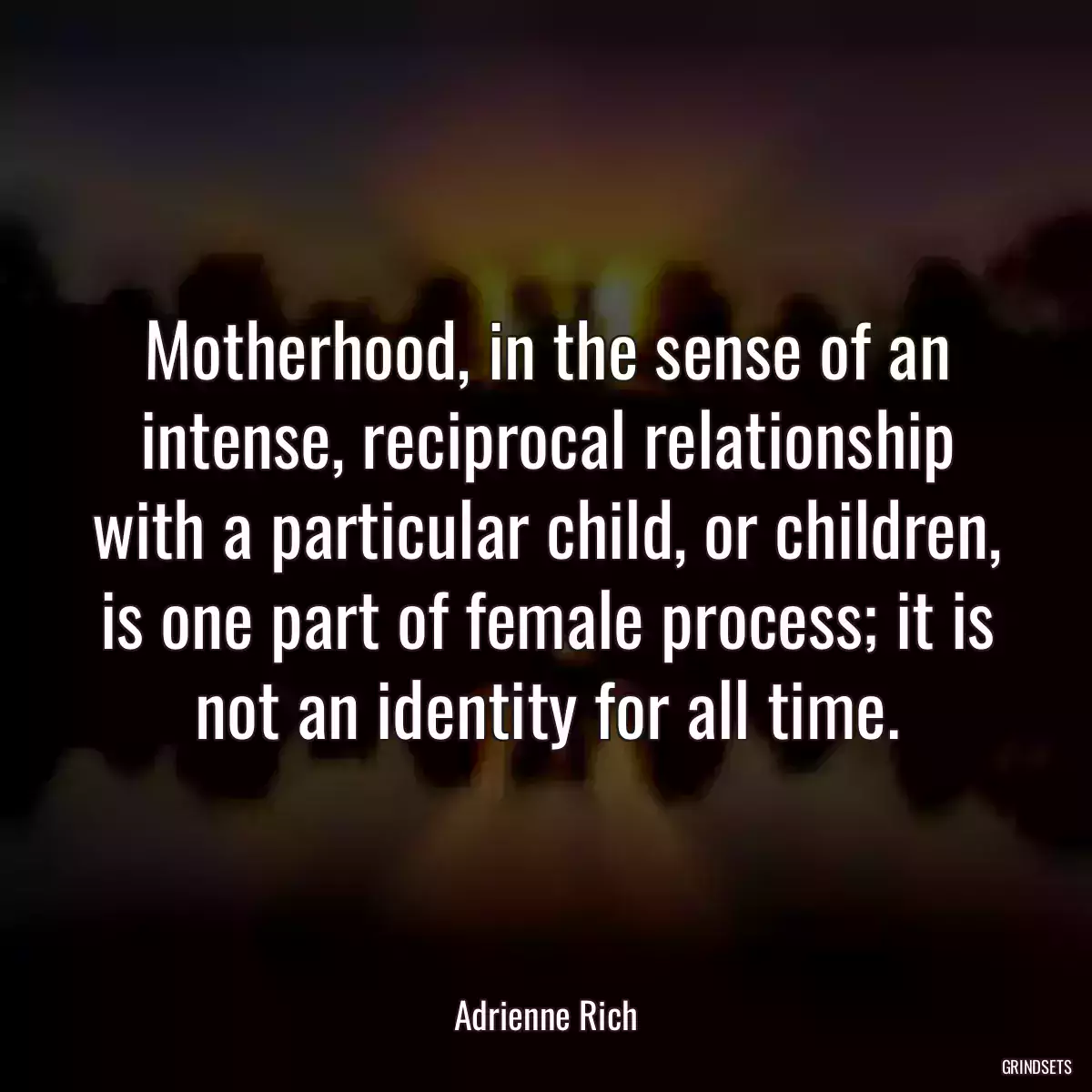 Motherhood, in the sense of an intense, reciprocal relationship with a particular child, or children, is one part of female process; it is not an identity for all time.