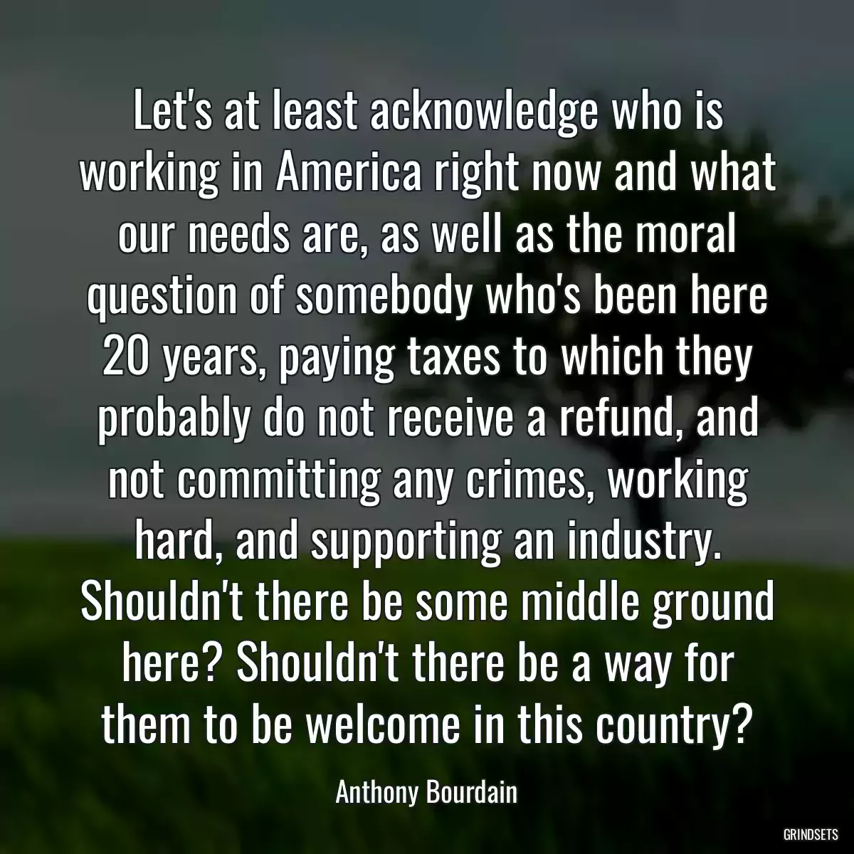 Let\'s at least acknowledge who is working in America right now and what our needs are, as well as the moral question of somebody who\'s been here 20 years, paying taxes to which they probably do not receive a refund, and not committing any crimes, working hard, and supporting an industry. Shouldn\'t there be some middle ground here? Shouldn\'t there be a way for them to be welcome in this country?