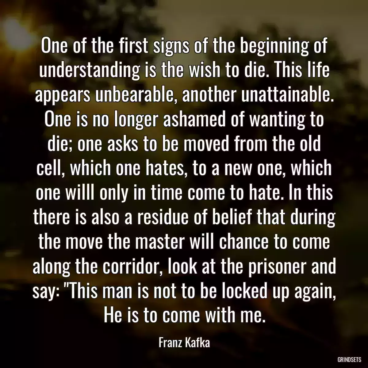 One of the first signs of the beginning of understanding is the wish to die. This life appears unbearable, another unattainable. One is no longer ashamed of wanting to die; one asks to be moved from the old cell, which one hates, to a new one, which one willl only in time come to hate. In this there is also a residue of belief that during the move the master will chance to come along the corridor, look at the prisoner and say: \