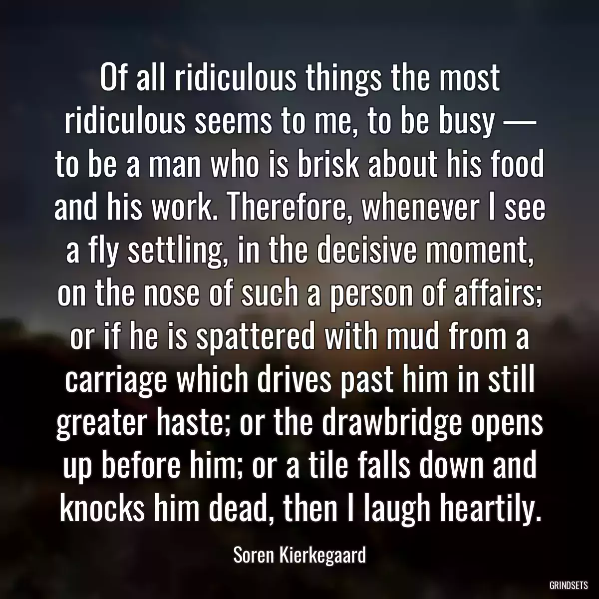 Of all ridiculous things the most ridiculous seems to me, to be busy — to be a man who is brisk about his food and his work. Therefore, whenever I see a fly settling, in the decisive moment, on the nose of such a person of affairs; or if he is spattered with mud from a carriage which drives past him in still greater haste; or the drawbridge opens up before him; or a tile falls down and knocks him dead, then I laugh heartily.