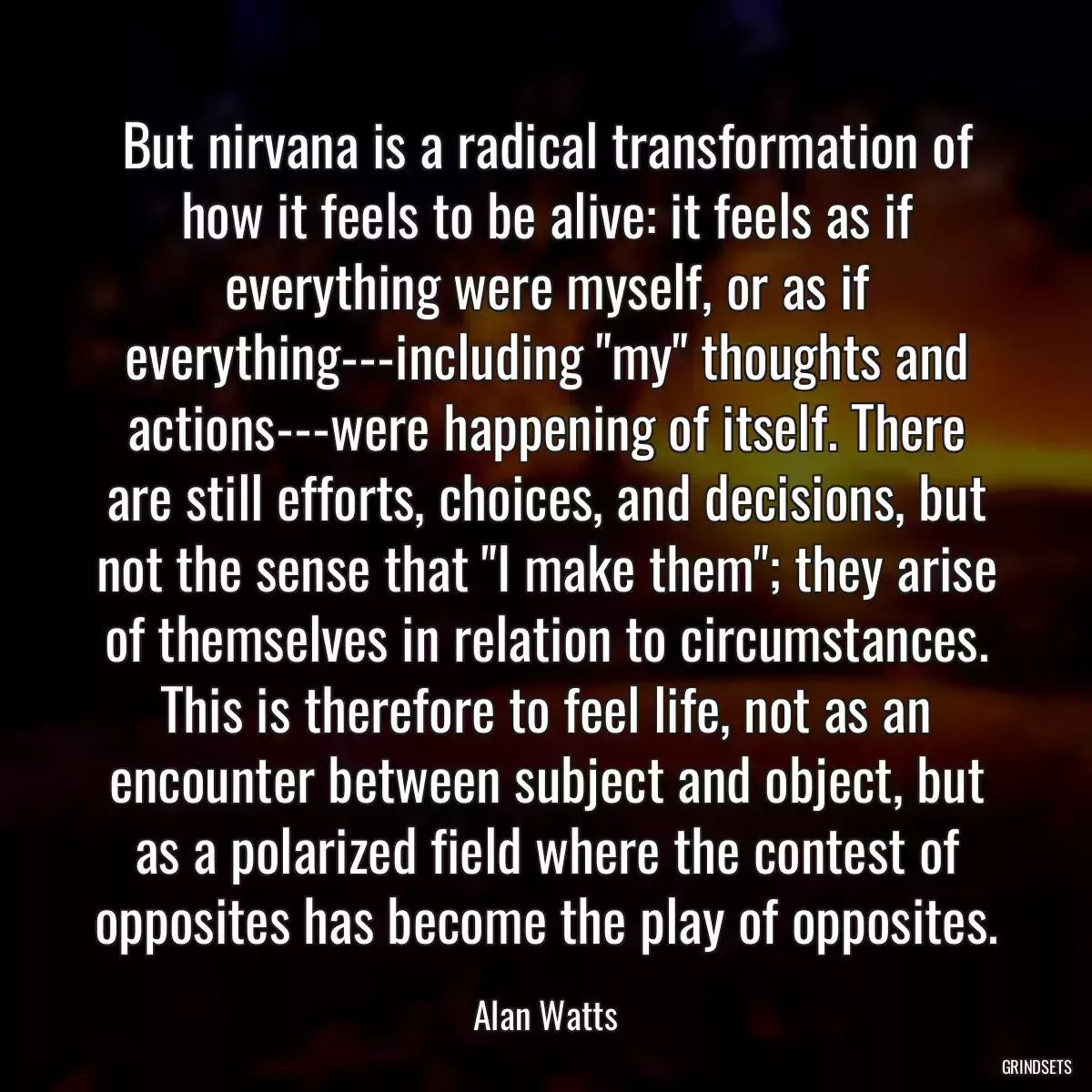 But nirvana is a radical transformation of how it feels to be alive: it feels as if everything were myself, or as if everything---including \