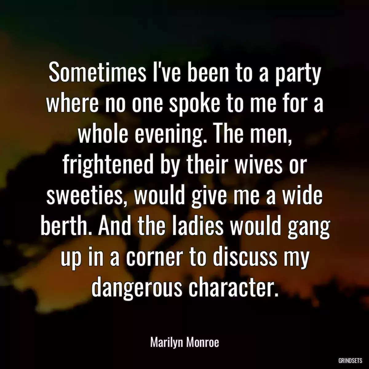 Sometimes I\'ve been to a party where no one spoke to me for a whole evening. The men, frightened by their wives or sweeties, would give me a wide berth. And the ladies would gang up in a corner to discuss my dangerous character.