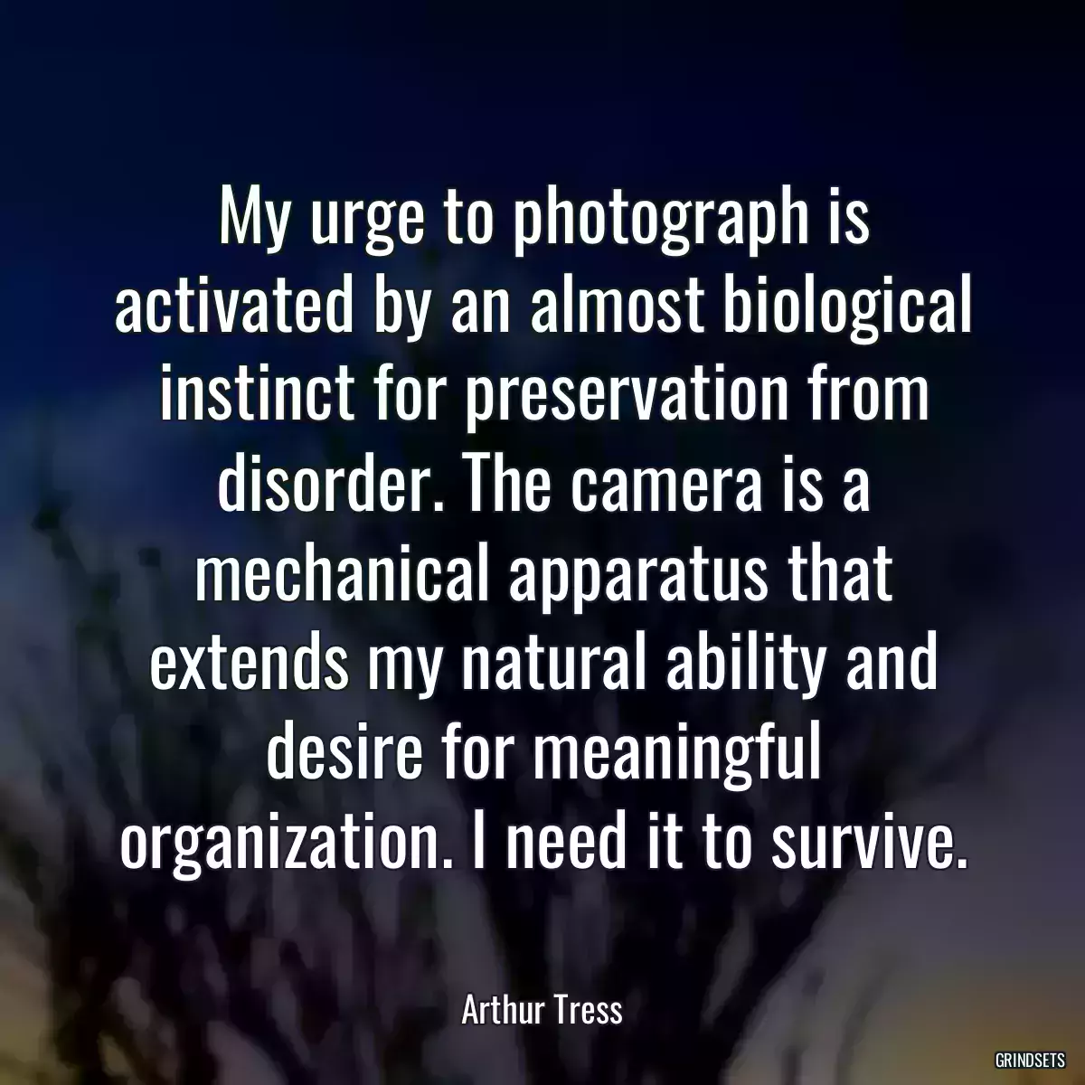 My urge to photograph is activated by an almost biological instinct for preservation from disorder. The camera is a mechanical apparatus that extends my natural ability and desire for meaningful organization. I need it to survive.