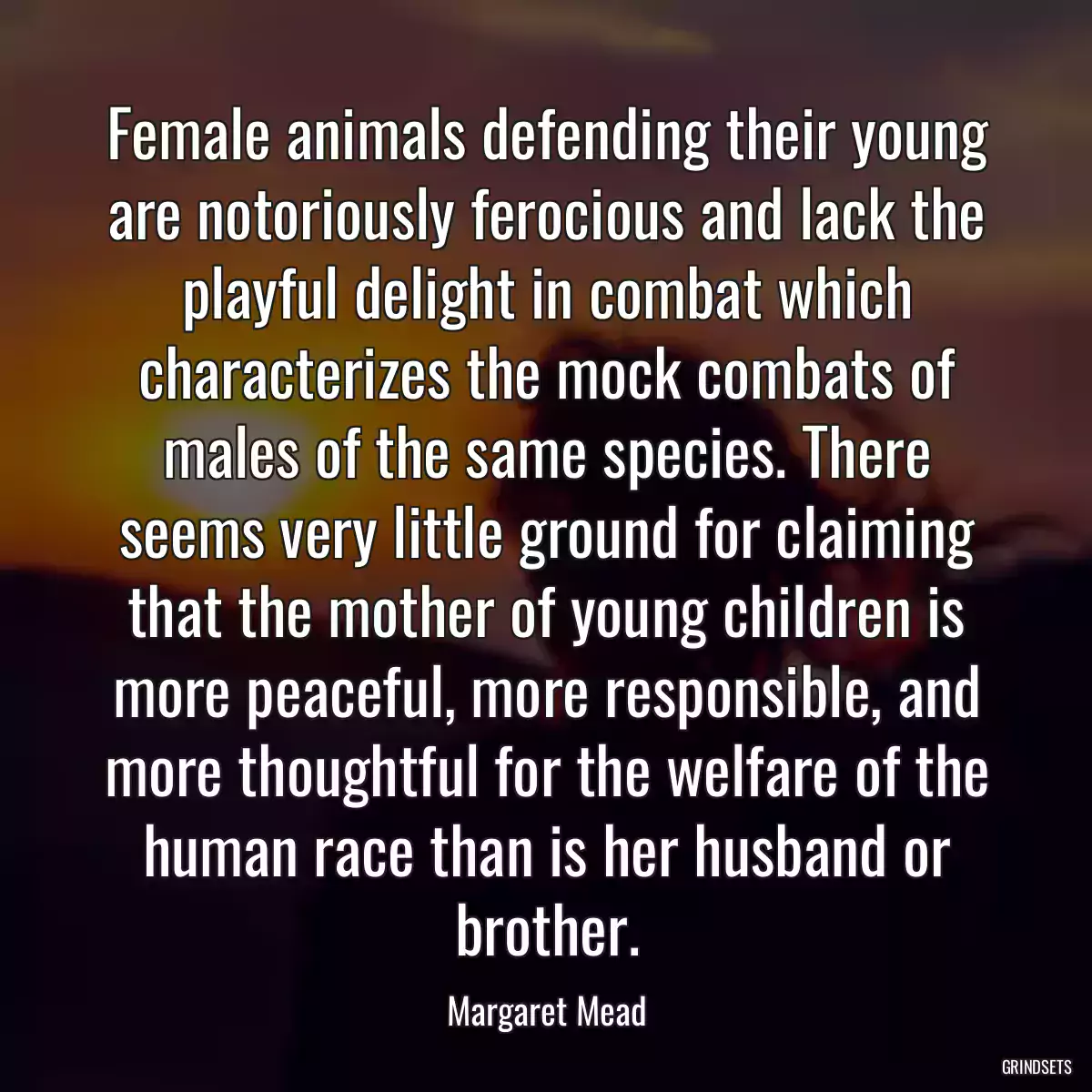 Female animals defending their young are notoriously ferocious and lack the playful delight in combat which characterizes the mock combats of males of the same species. There seems very little ground for claiming that the mother of young children is more peaceful, more responsible, and more thoughtful for the welfare of the human race than is her husband or brother.