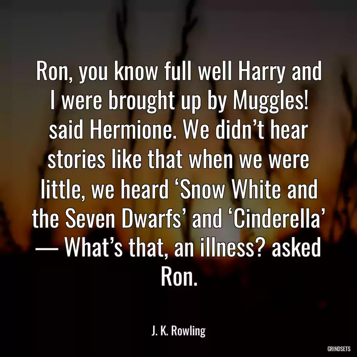 Ron, you know full well Harry and I were brought up by Muggles! said Hermione. We didn’t hear stories like that when we were little, we heard ‘Snow White and the Seven Dwarfs’ and ‘Cinderella’ — What’s that, an illness? asked Ron.