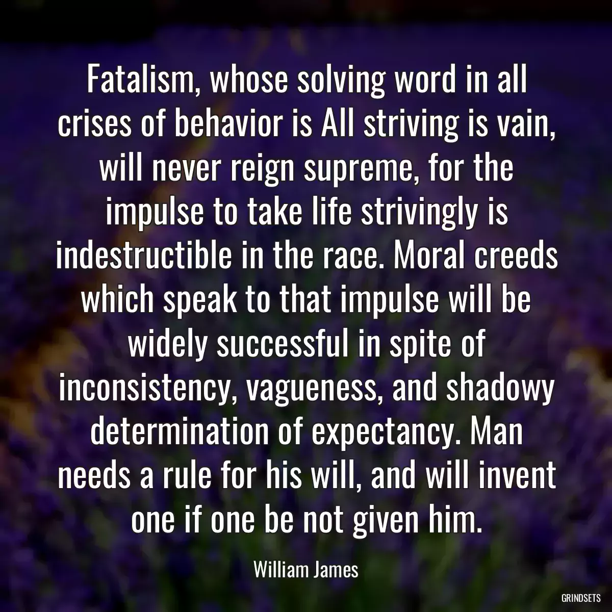 Fatalism, whose solving word in all crises of behavior is All striving is vain, will never reign supreme, for the impulse to take life strivingly is indestructible in the race. Moral creeds which speak to that impulse will be widely successful in spite of inconsistency, vagueness, and shadowy determination of expectancy. Man needs a rule for his will, and will invent one if one be not given him.