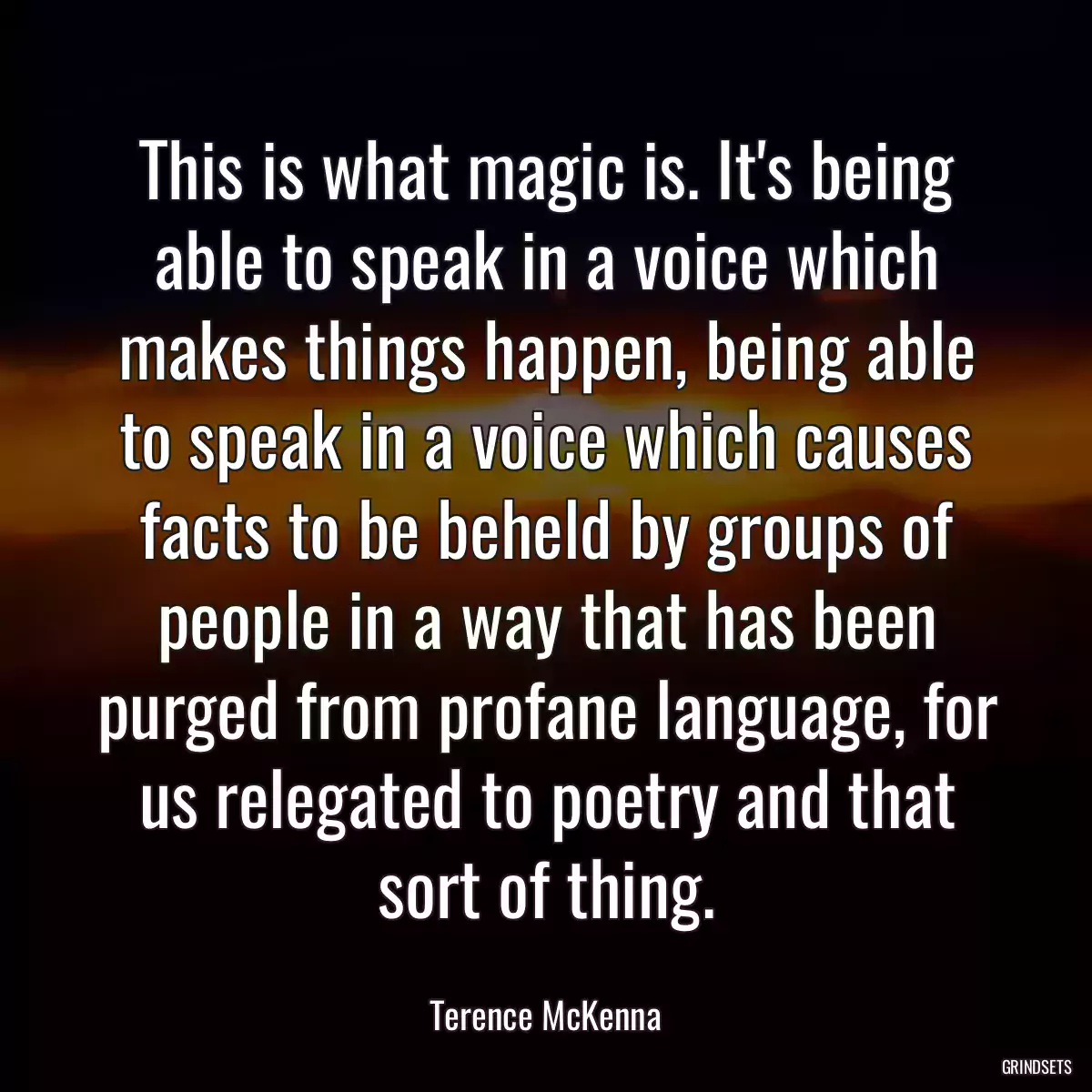 This is what magic is. It\'s being able to speak in a voice which makes things happen, being able to speak in a voice which causes facts to be beheld by groups of people in a way that has been purged from profane language, for us relegated to poetry and that sort of thing.