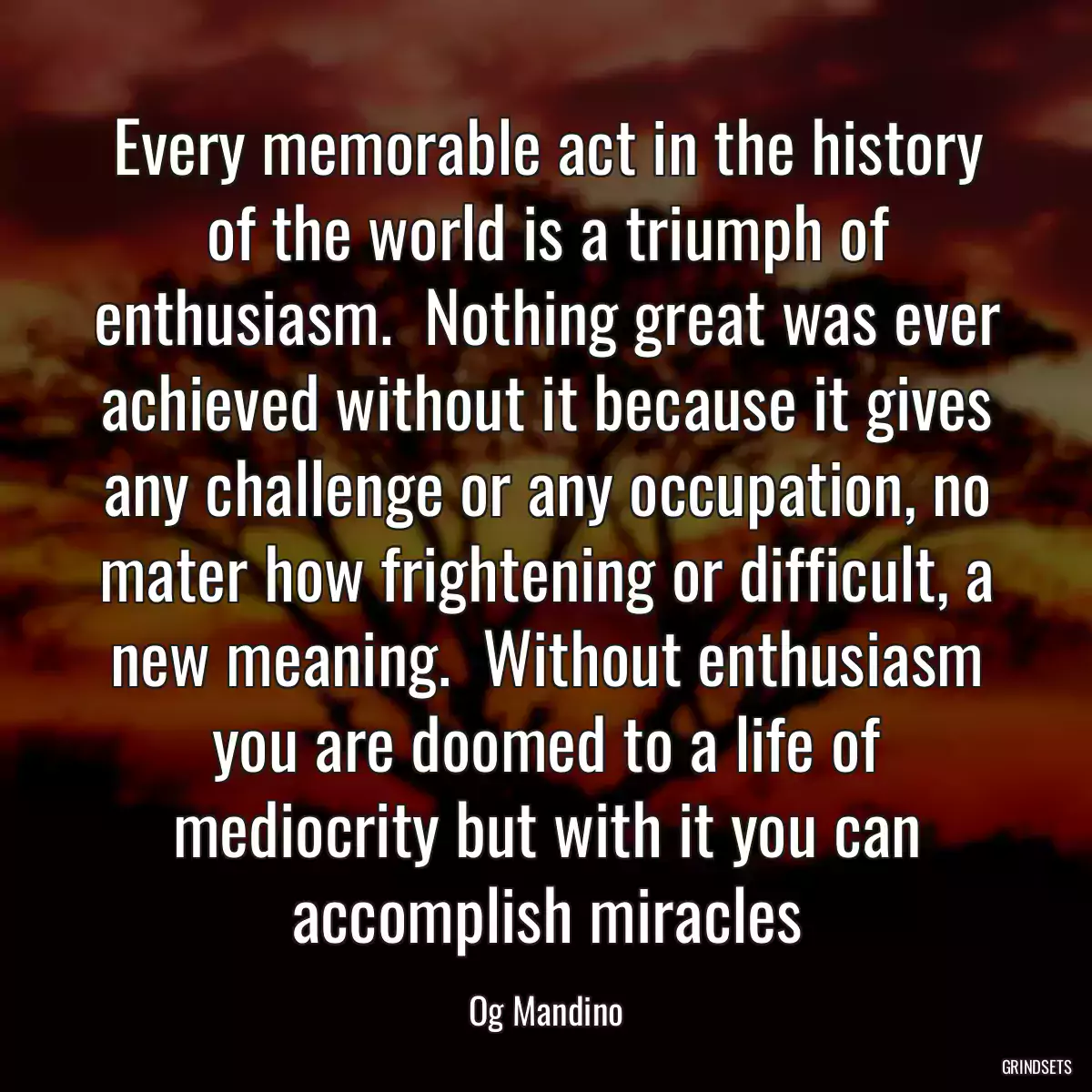 Every memorable act in the history of the world is a triumph of enthusiasm.  Nothing great was ever achieved without it because it gives any challenge or any occupation, no mater how frightening or difficult, a new meaning.  Without enthusiasm you are doomed to a life of mediocrity but with it you can accomplish miracles