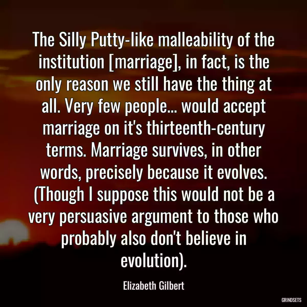 The Silly Putty-like malleability of the institution [marriage], in fact, is the only reason we still have the thing at all. Very few people... would accept marriage on it\'s thirteenth-century terms. Marriage survives, in other words, precisely because it evolves. (Though I suppose this would not be a very persuasive argument to those who probably also don\'t believe in evolution).