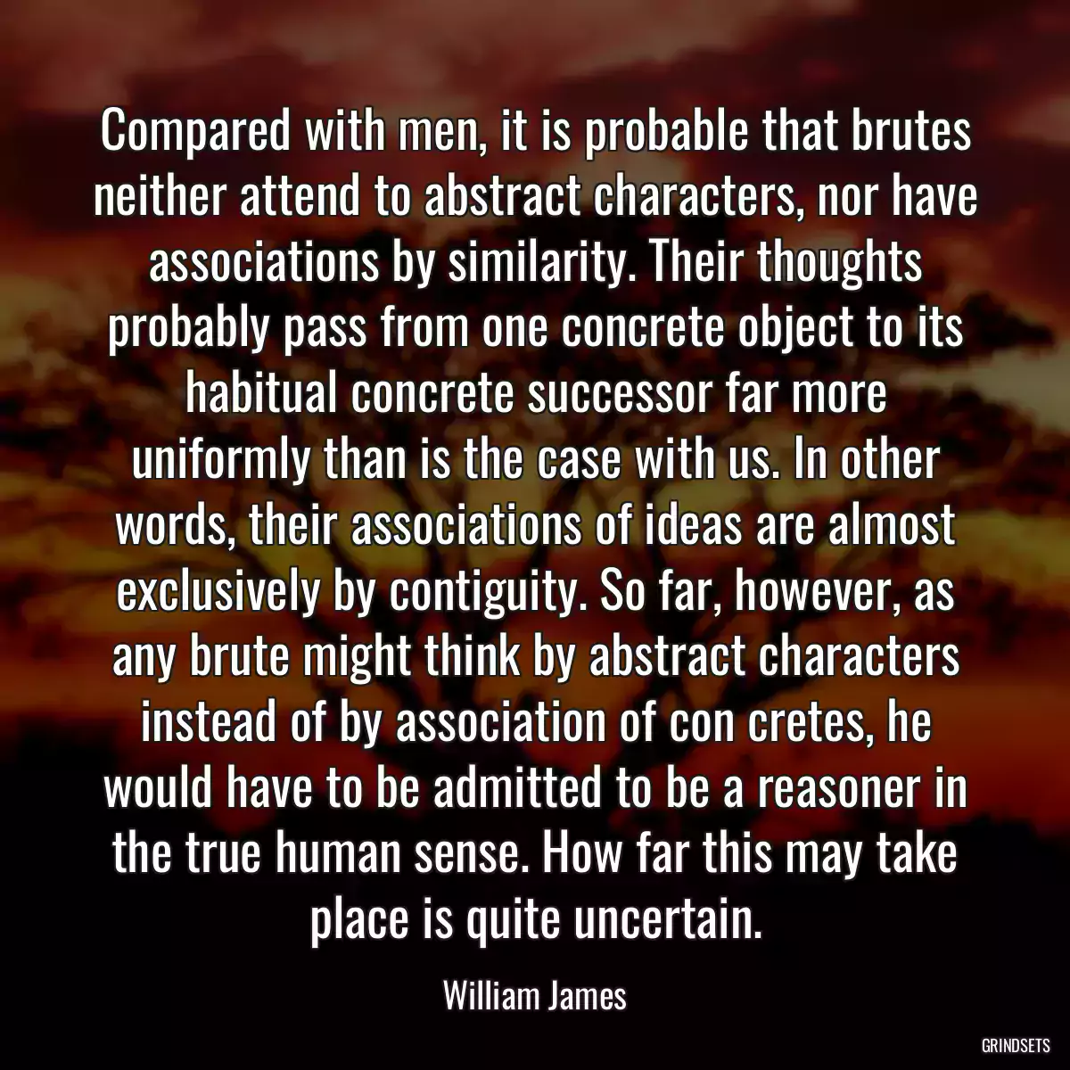 Compared with men, it is probable that brutes neither attend to abstract characters, nor have associations by similarity. Their thoughts probably pass from one concrete object to its habitual concrete successor far more uniformly than is the case with us. In other words, their associations of ideas are almost exclusively by contiguity. So far, however, as any brute might think by abstract characters instead of by association of con cretes, he would have to be admitted to be a reasoner in the true human sense. How far this may take place is quite uncertain.