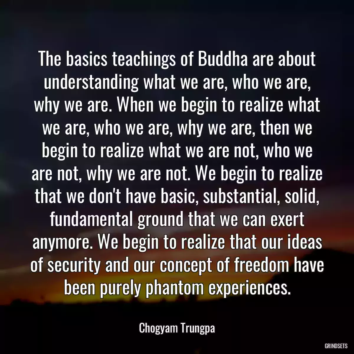 The basics teachings of Buddha are about understanding what we are, who we are, why we are. When we begin to realize what we are, who we are, why we are, then we begin to realize what we are not, who we are not, why we are not. We begin to realize that we don\'t have basic, substantial, solid, fundamental ground that we can exert anymore. We begin to realize that our ideas of security and our concept of freedom have been purely phantom experiences.