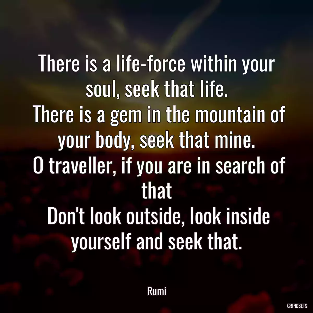 There is a life-force within your soul, seek that life.
 There is a gem in the mountain of your body, seek that mine.
 O traveller, if you are in search of that
 Don\'t look outside, look inside yourself and seek that.