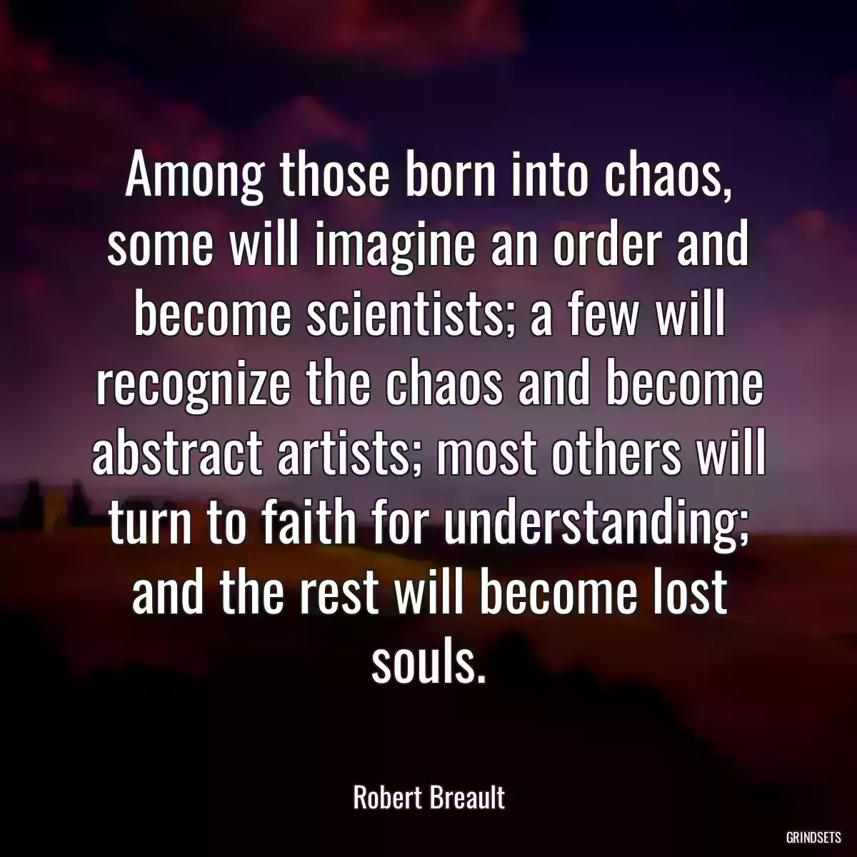 Among those born into chaos, some will imagine an order and become scientists; a few will recognize the chaos and become abstract artists; most others will turn to faith for understanding; and the rest will become lost souls.