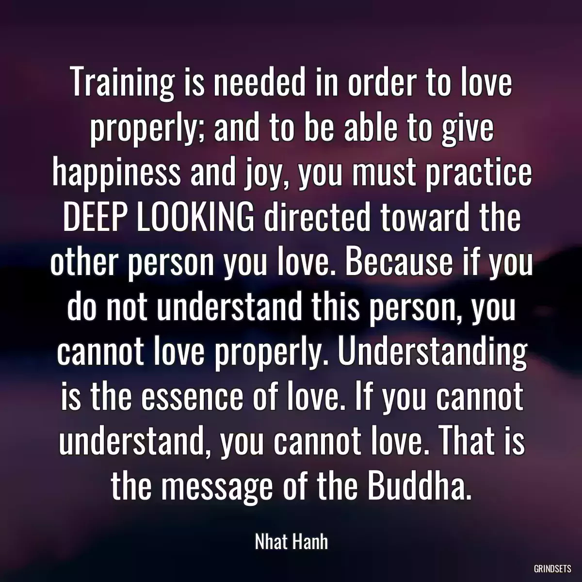 Training is needed in order to love properly; and to be able to give happiness and joy, you must practice DEEP LOOKING directed toward the other person you love. Because if you do not understand this person, you cannot love properly. Understanding is the essence of love. If you cannot understand, you cannot love. That is the message of the Buddha.