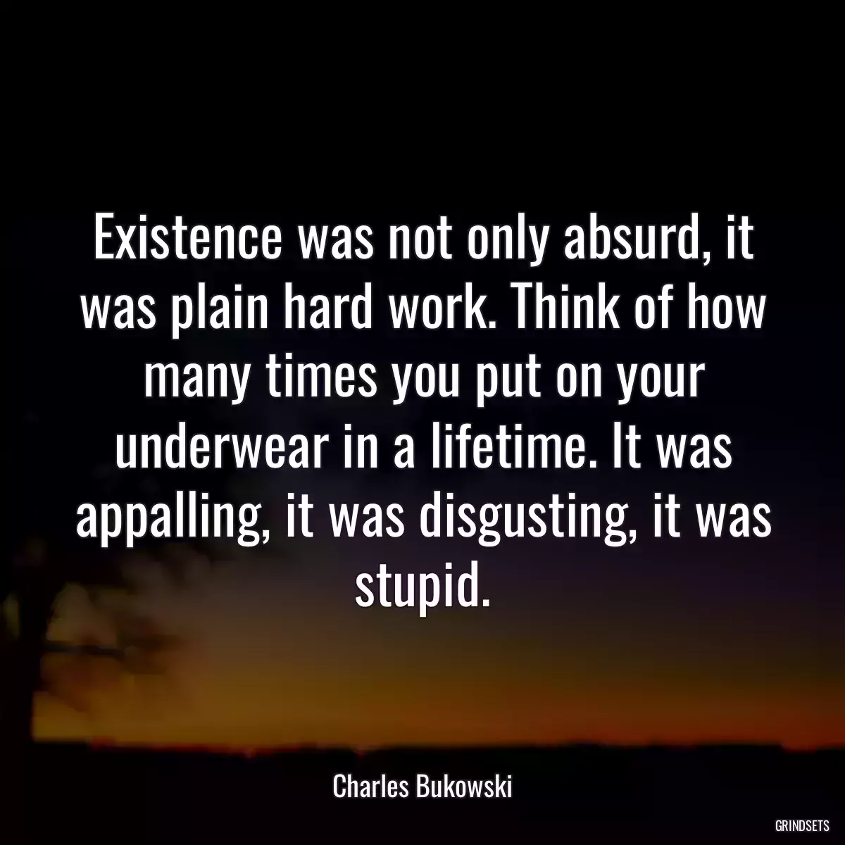 Existence was not only absurd, it was plain hard work. Think of how many times you put on your underwear in a lifetime. It was appalling, it was disgusting, it was stupid.