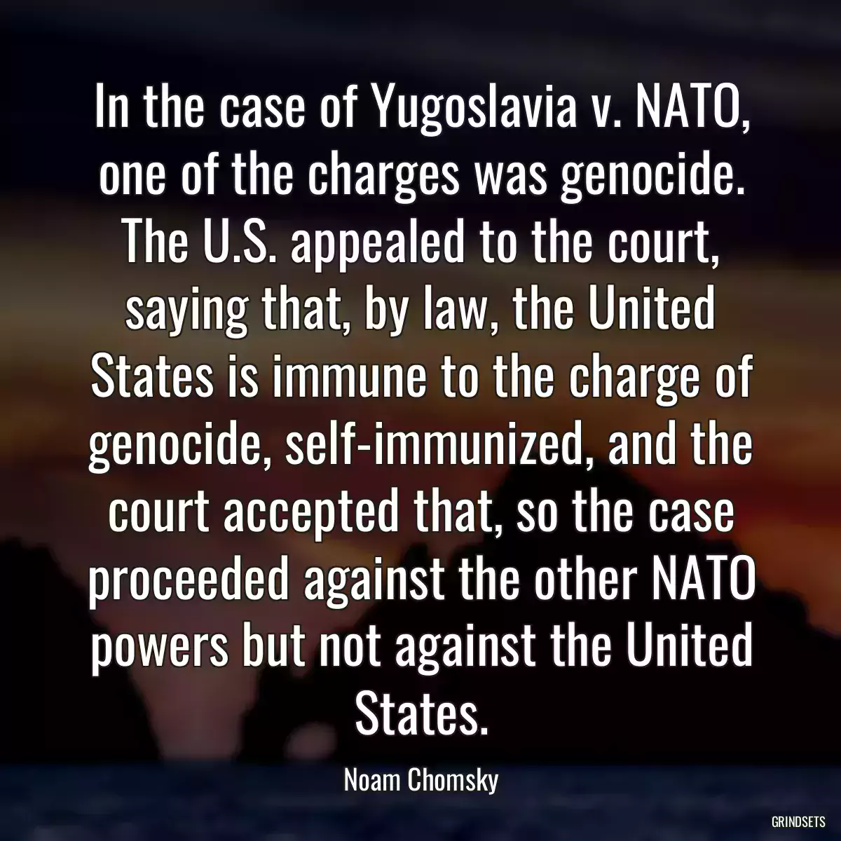 In the case of Yugoslavia v. NATO, one of the charges was genocide. The U.S. appealed to the court, saying that, by law, the United States is immune to the charge of genocide, self-immunized, and the court accepted that, so the case proceeded against the other NATO powers but not against the United States.