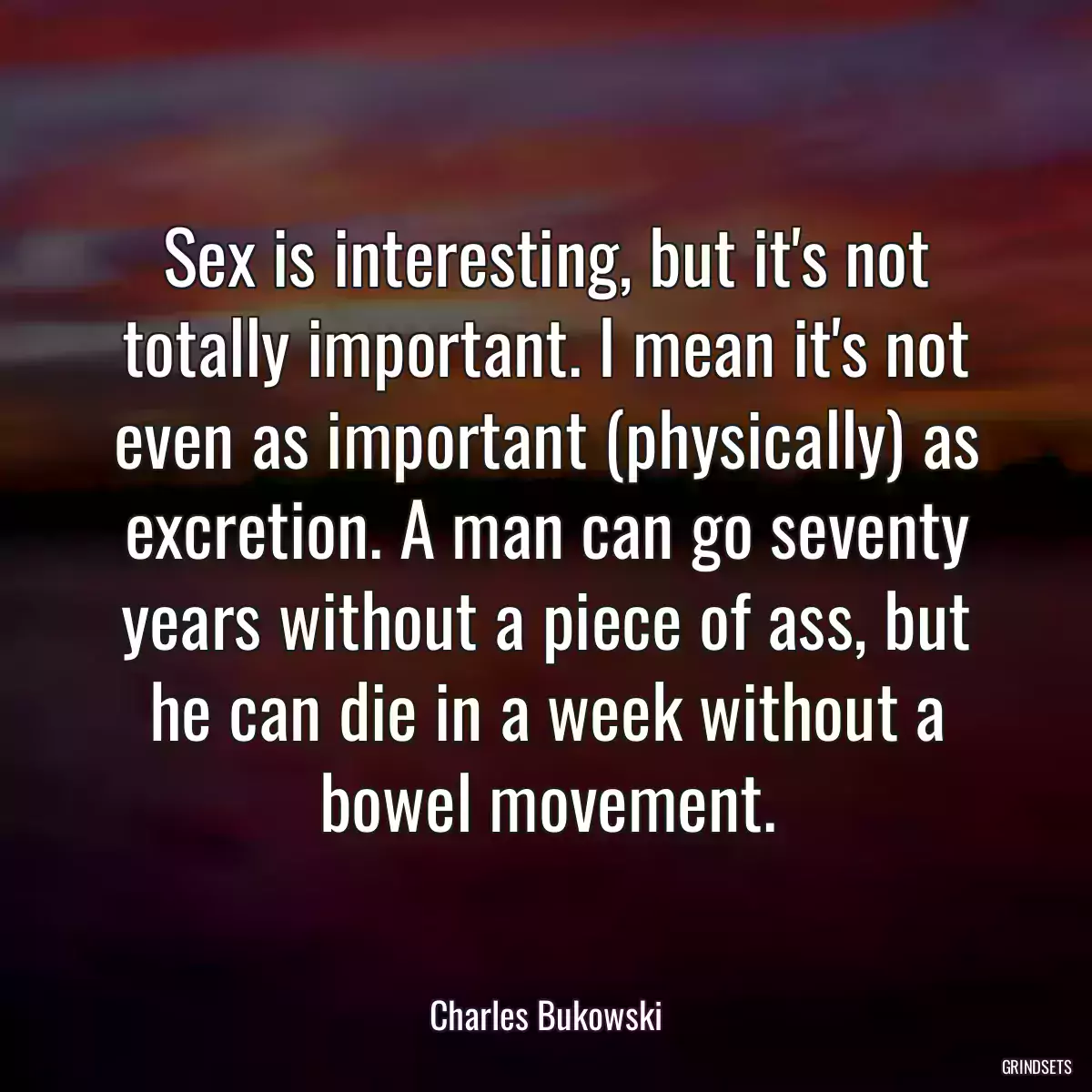 Sex is interesting, but it\'s not totally important. I mean it\'s not even as important (physically) as excretion. A man can go seventy years without a piece of ass, but he can die in a week without a bowel movement.