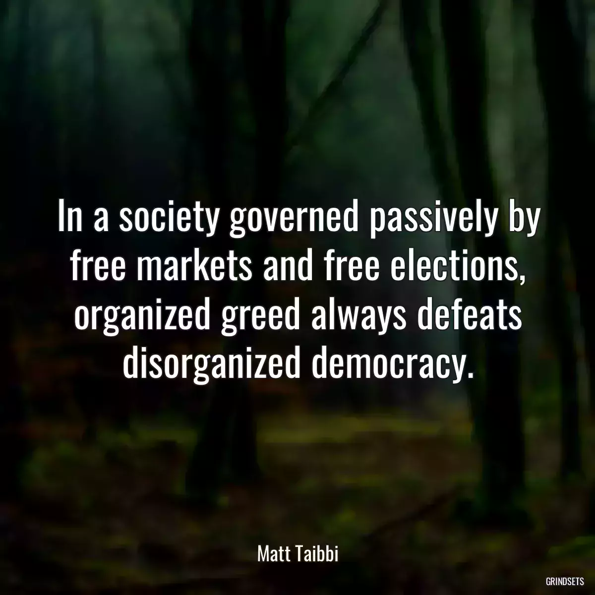 In a society governed passively by free markets and free elections, organized greed always defeats disorganized democracy.