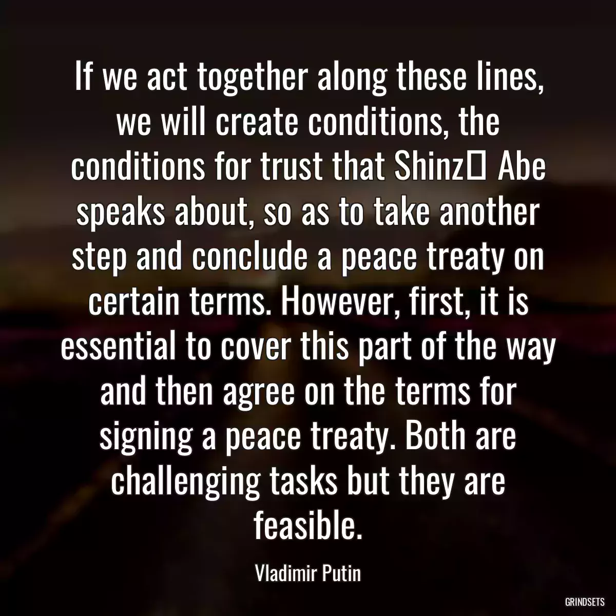 If we act together along these lines, we will create conditions, the conditions for trust that Shinzō Abe speaks about, so as to take another step and conclude a peace treaty on certain terms. However, first, it is essential to cover this part of the way and then agree on the terms for signing a peace treaty. Both are challenging tasks but they are feasible.