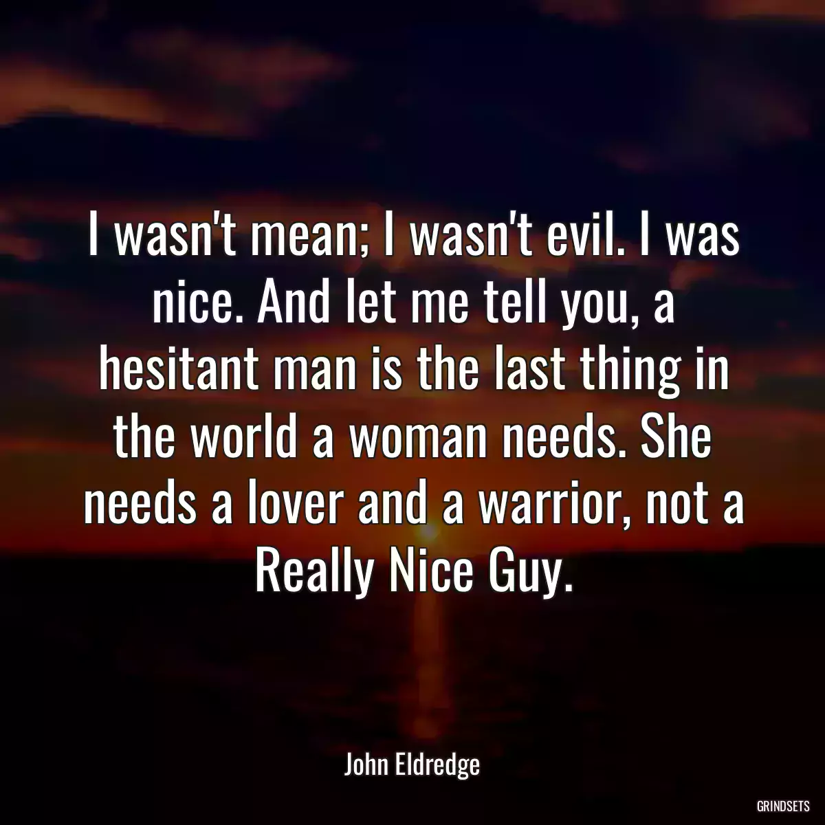 I wasn\'t mean; I wasn\'t evil. I was nice. And let me tell you, a hesitant man is the last thing in the world a woman needs. She needs a lover and a warrior, not a Really Nice Guy.