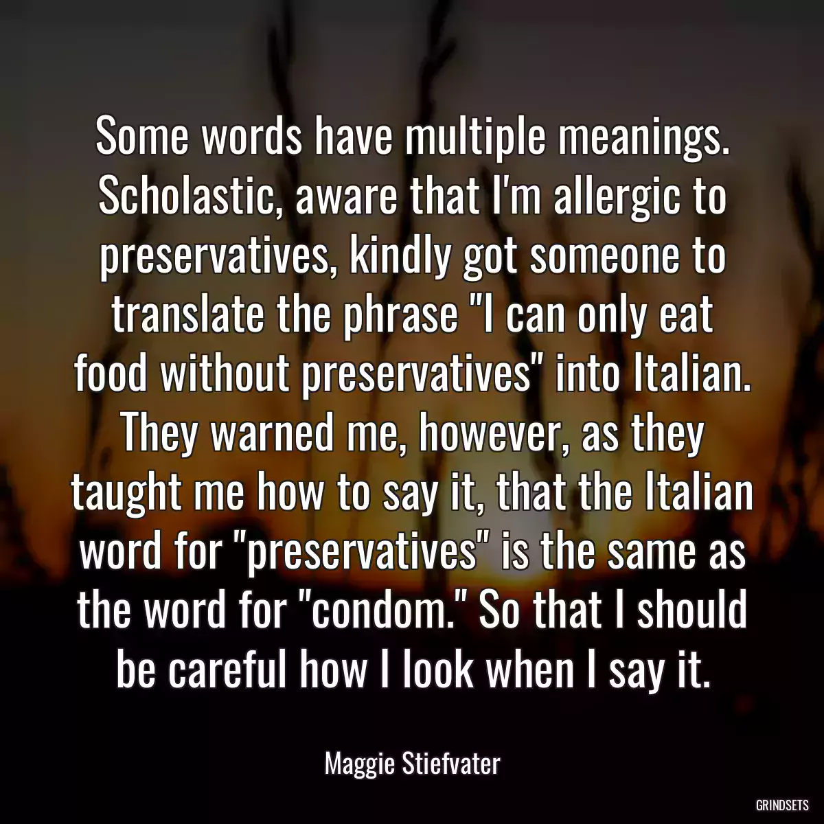 Some words have multiple meanings. Scholastic, aware that I\'m allergic to preservatives, kindly got someone to translate the phrase \