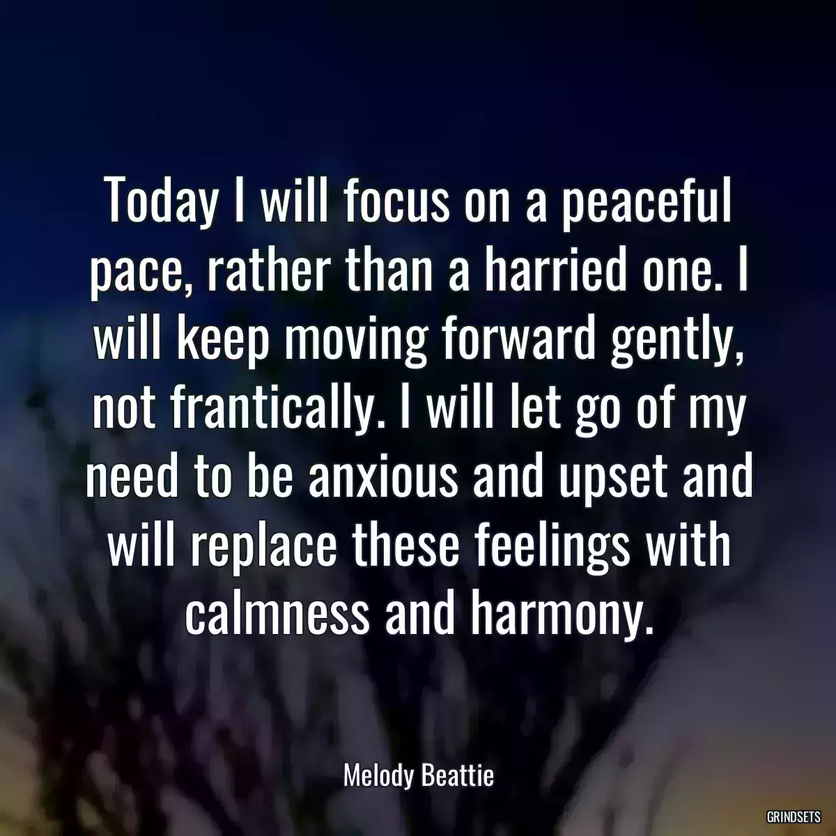 Today I will focus on a peaceful pace, rather than a harried one. I will keep moving forward gently, not frantically. I will let go of my need to be anxious and upset and will replace these feelings with calmness and harmony.