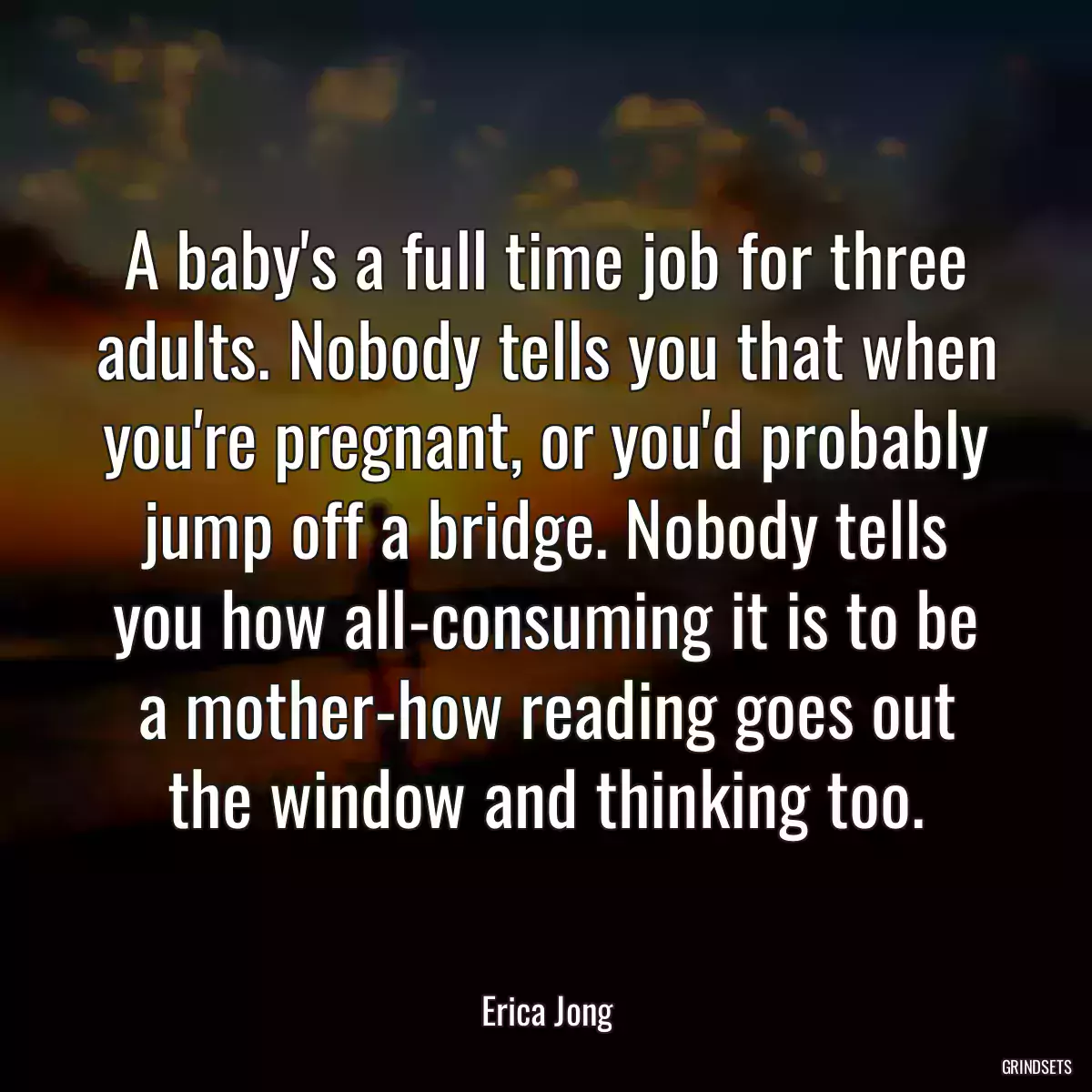 A baby\'s a full time job for three adults. Nobody tells you that when you\'re pregnant, or you\'d probably jump off a bridge. Nobody tells you how all-consuming it is to be a mother-how reading goes out the window and thinking too.