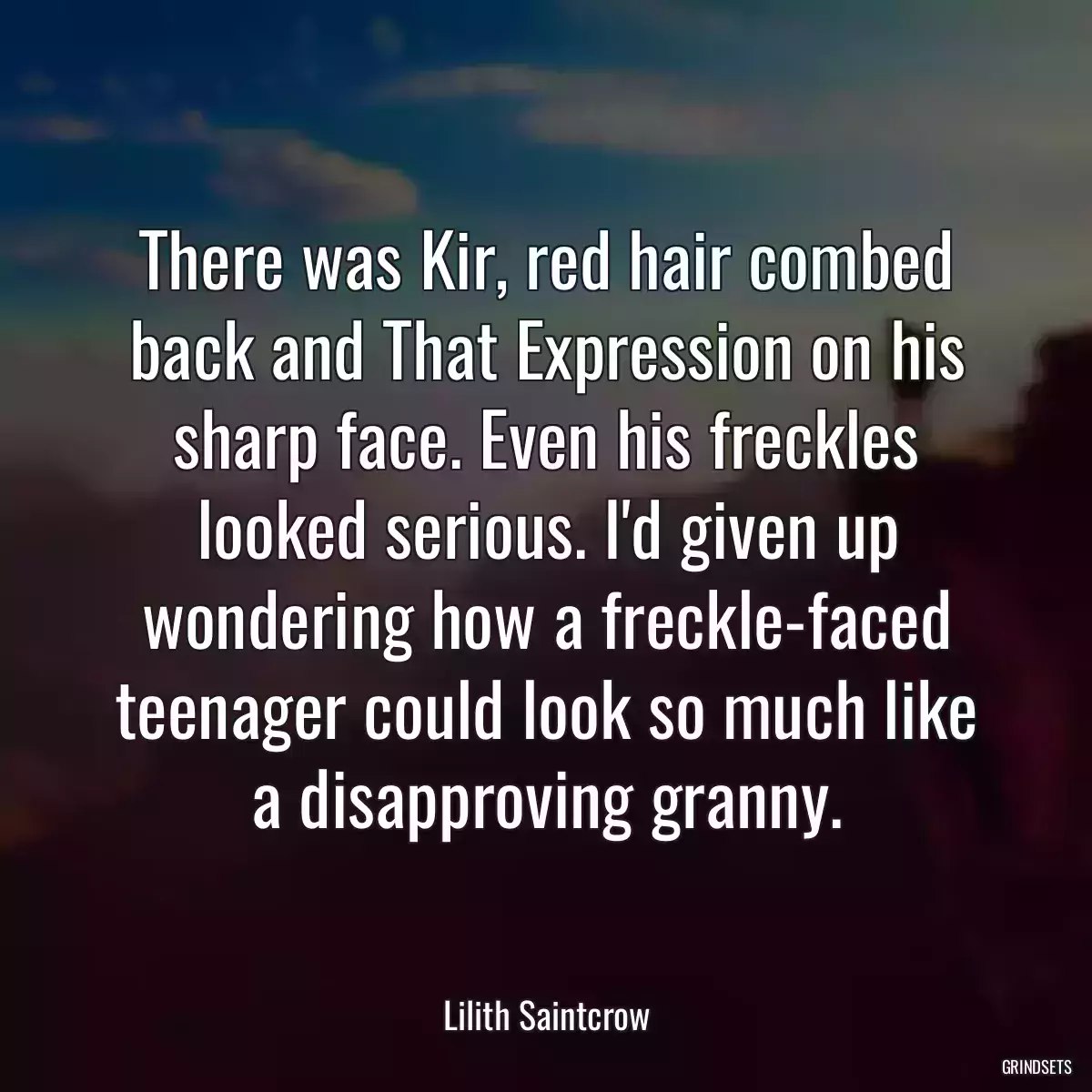 There was Kir, red hair combed back and That Expression on his sharp face. Even his freckles looked serious. I\'d given up wondering how a freckle-faced teenager could look so much like a disapproving granny.