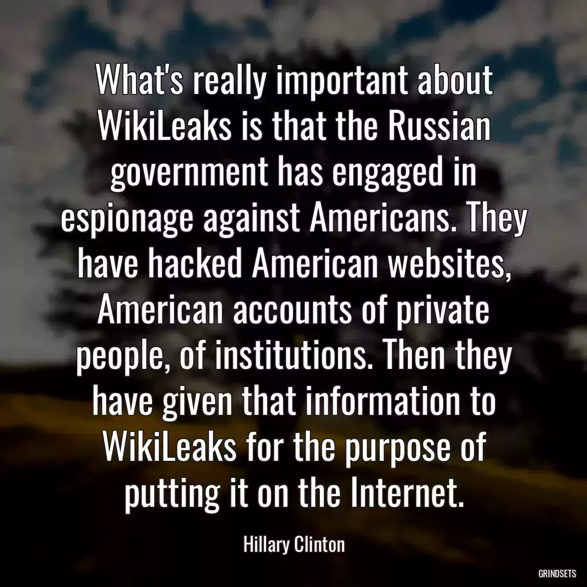 What\'s really important about WikiLeaks is that the Russian government has engaged in espionage against Americans. They have hacked American websites, American accounts of private people, of institutions. Then they have given that information to WikiLeaks for the purpose of putting it on the Internet.