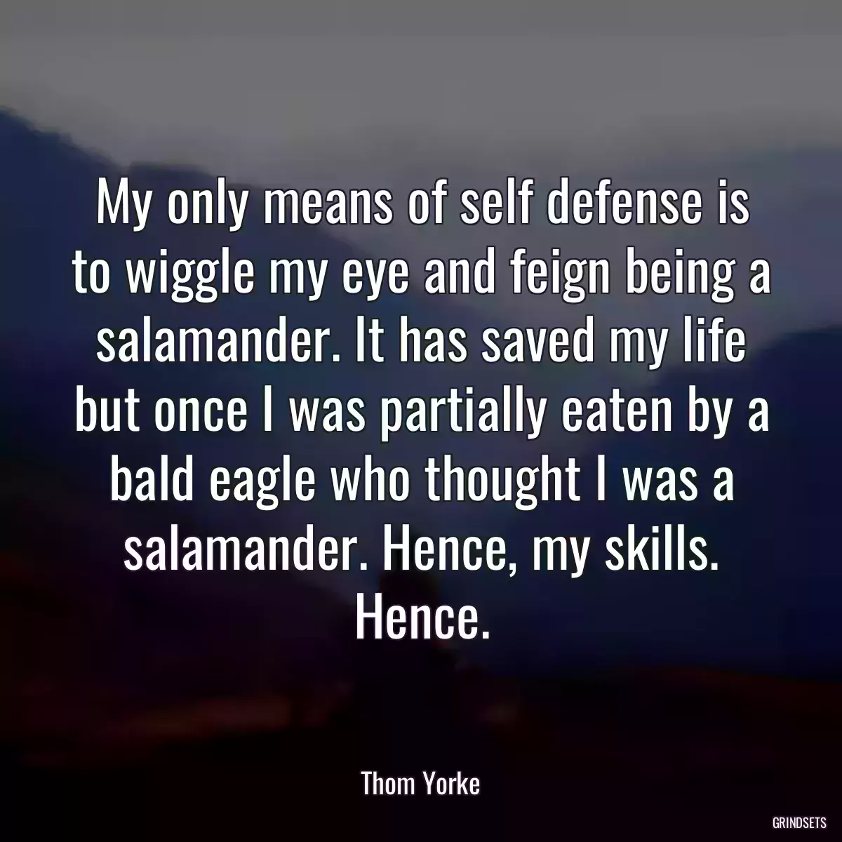 My only means of self defense is to wiggle my eye and feign being a salamander. It has saved my life but once I was partially eaten by a bald eagle who thought I was a salamander. Hence, my skills. Hence.