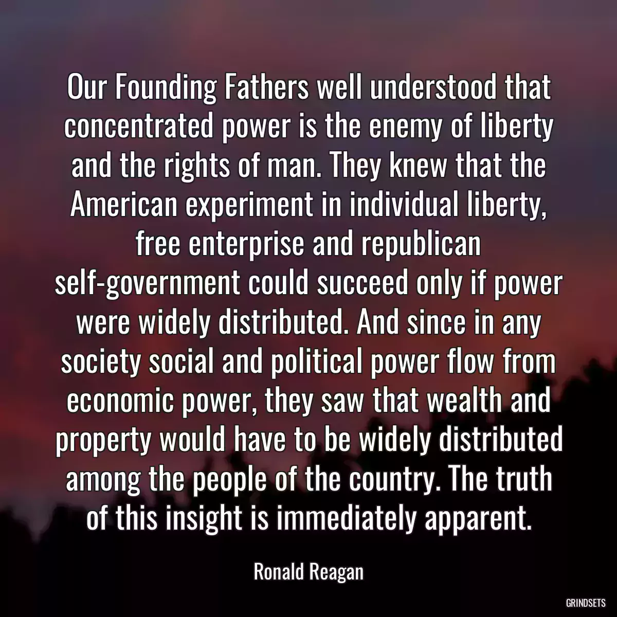 Our Founding Fathers well understood that concentrated power is the enemy of liberty and the rights of man. They knew that the American experiment in individual liberty, free enterprise and republican self-government could succeed only if power were widely distributed. And since in any society social and political power flow from economic power, they saw that wealth and property would have to be widely distributed among the people of the country. The truth of this insight is immediately apparent.