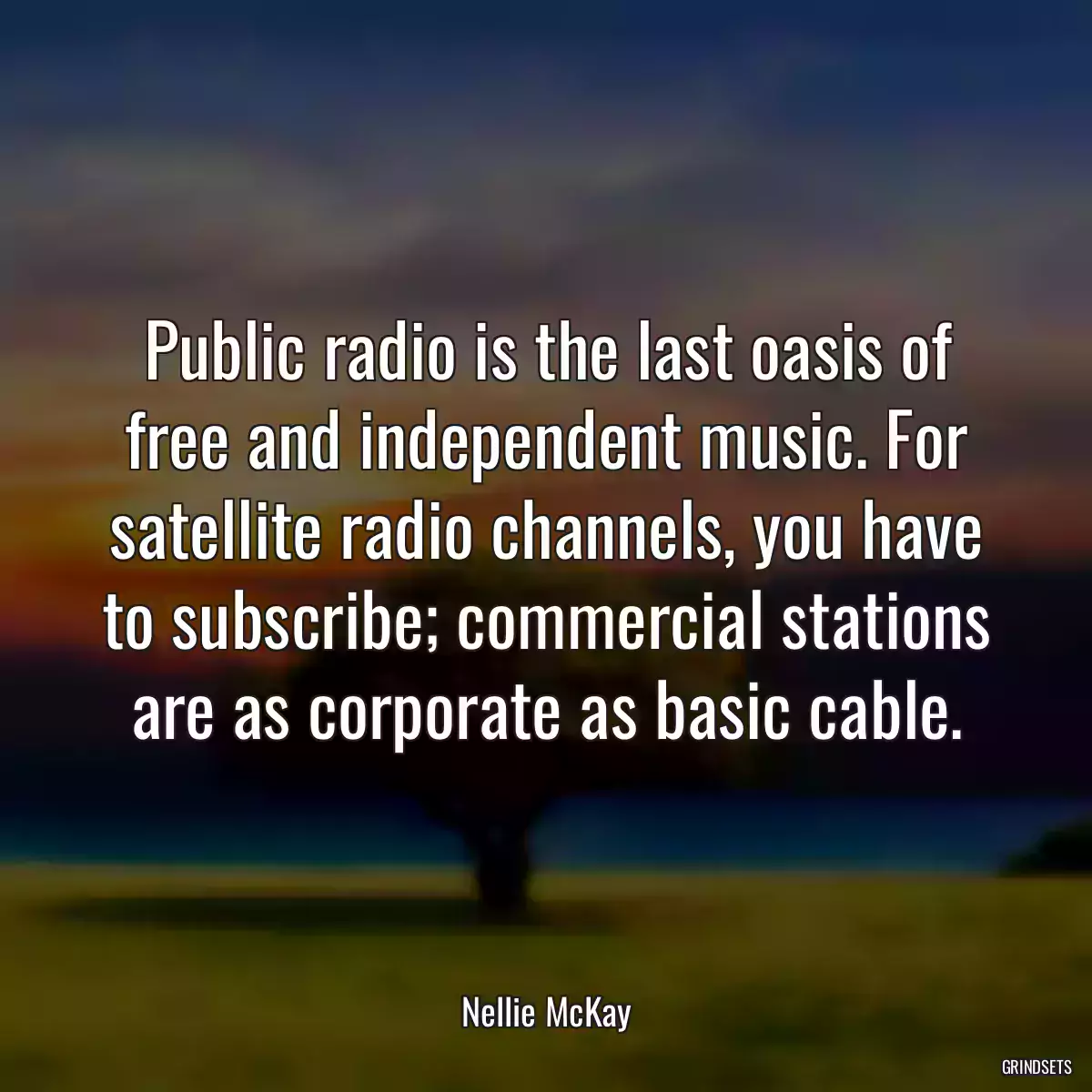 Public radio is the last oasis of free and independent music. For satellite radio channels, you have to subscribe; commercial stations are as corporate as basic cable.