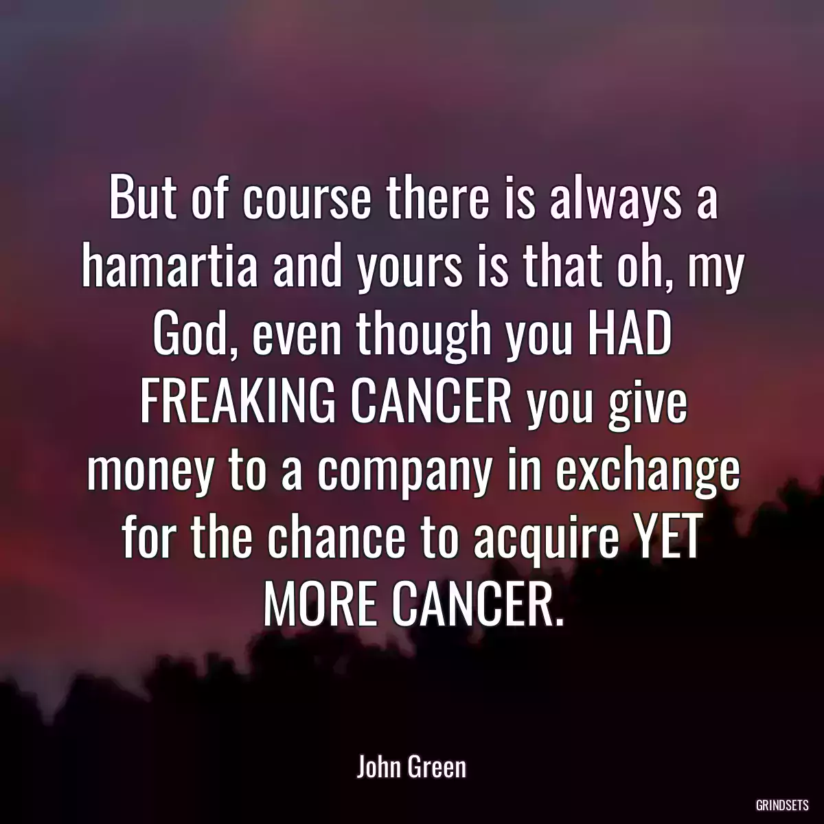 But of course there is always a hamartia and yours is that oh, my God, even though you HAD FREAKING CANCER you give money to a company in exchange for the chance to acquire YET MORE CANCER.