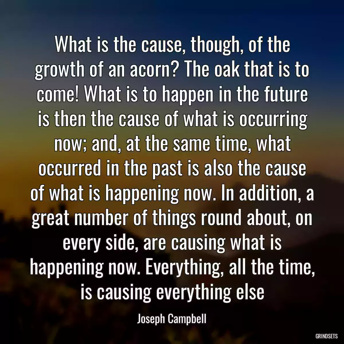 What is the cause, though, of the growth of an acorn? The oak that is to come! What is to happen in the future is then the cause of what is occurring now; and, at the same time, what occurred in the past is also the cause of what is happening now. In addition, a great number of things round about, on every side, are causing what is happening now. Everything, all the time, is causing everything else