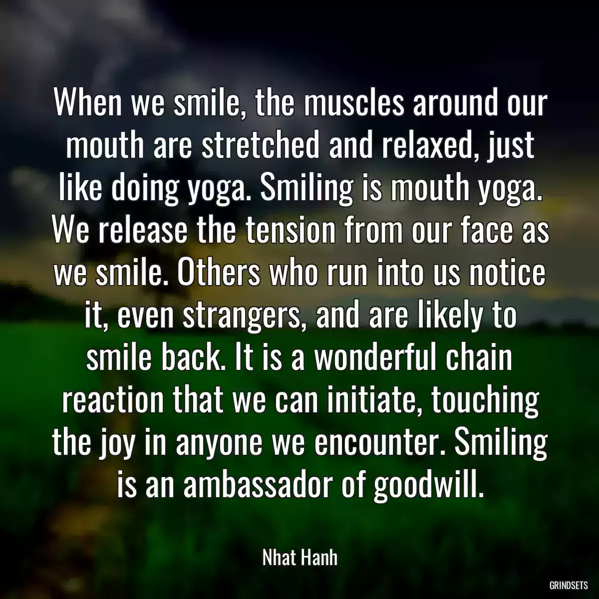 When we smile, the muscles around our mouth are stretched and relaxed, just like doing yoga. Smiling is mouth yoga. We release the tension from our face as we smile. Others who run into us notice it, even strangers, and are likely to smile back. It is a wonderful chain reaction that we can initiate, touching the joy in anyone we encounter. Smiling is an ambassador of goodwill.