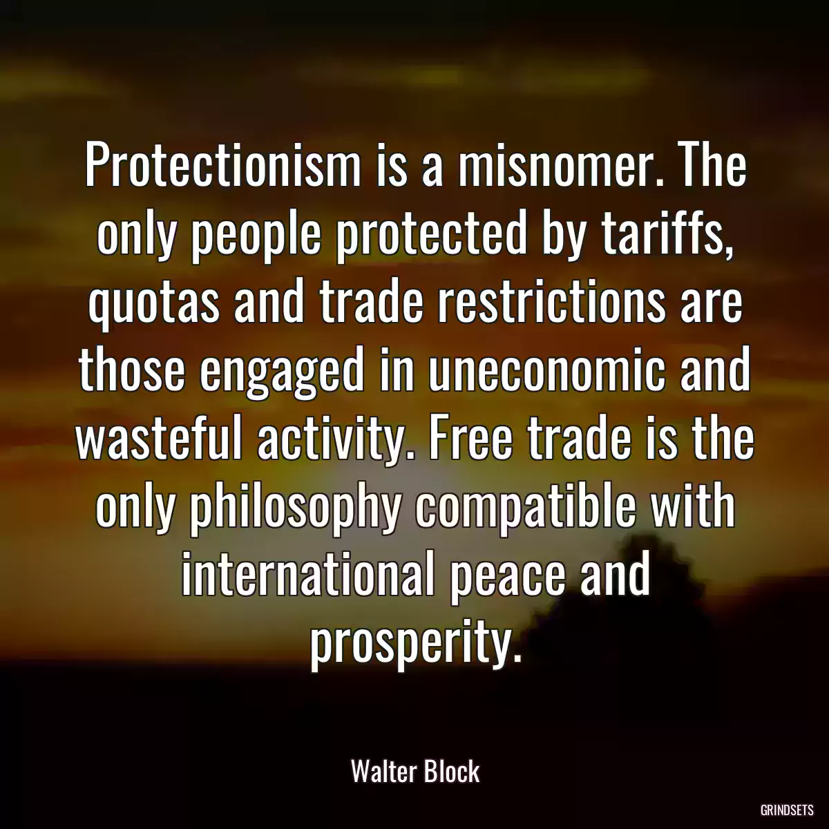 Protectionism is a misnomer. The only people protected by tariffs, quotas and trade restrictions are those engaged in uneconomic and wasteful activity. Free trade is the only philosophy compatible with international peace and prosperity.