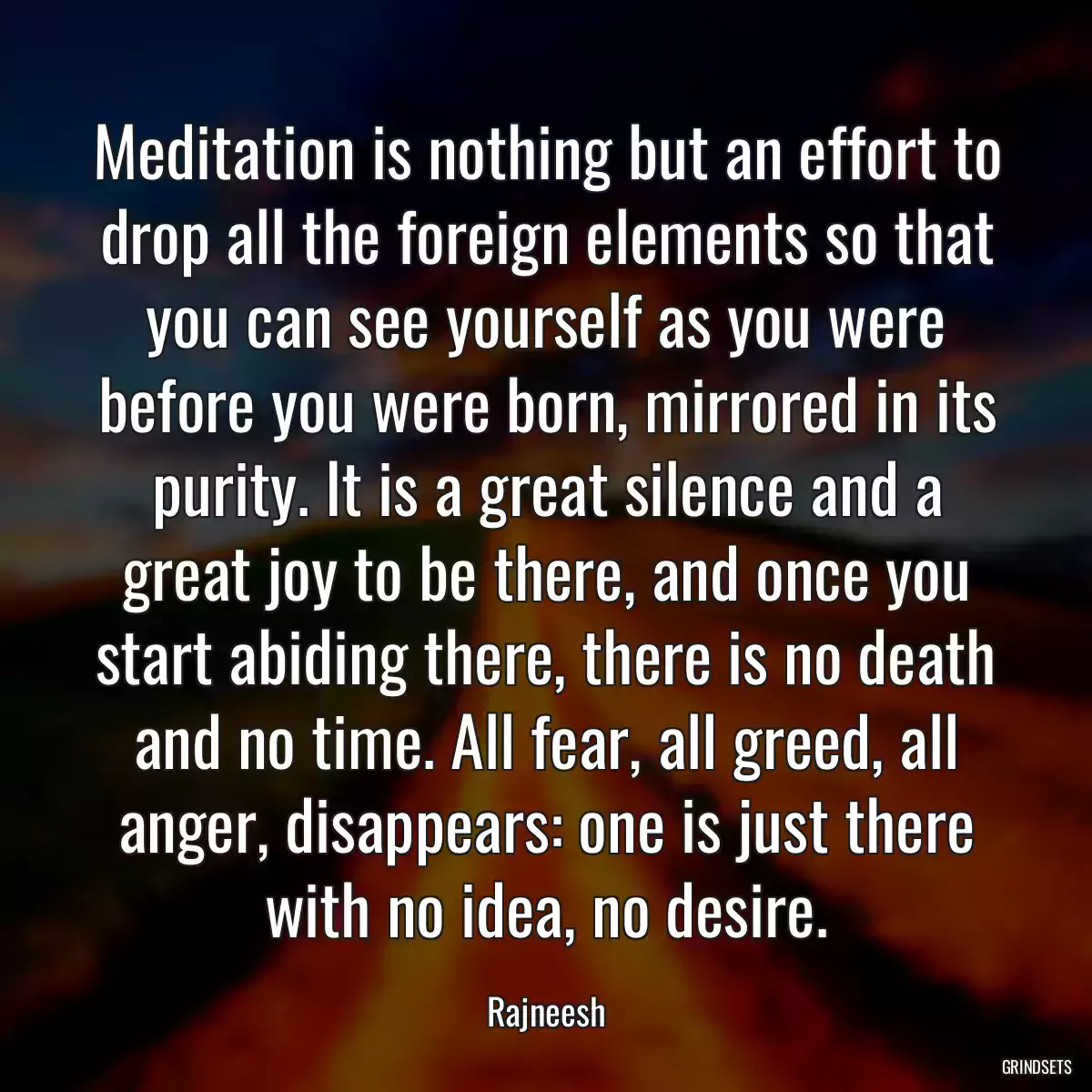 Meditation is nothing but an effort to drop all the foreign elements so that you can see yourself as you were before you were born, mirrored in its purity. It is a great silence and a great joy to be there, and once you start abiding there, there is no death and no time. All fear, all greed, all anger, disappears: one is just there with no idea, no desire.