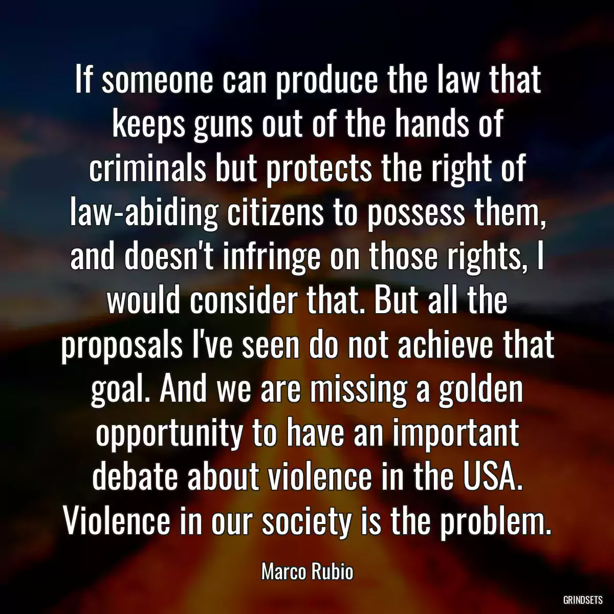 If someone can produce the law that keeps guns out of the hands of criminals but protects the right of law-abiding citizens to possess them, and doesn\'t infringe on those rights, I would consider that. But all the proposals I\'ve seen do not achieve that goal. And we are missing a golden opportunity to have an important debate about violence in the USA. Violence in our society is the problem.