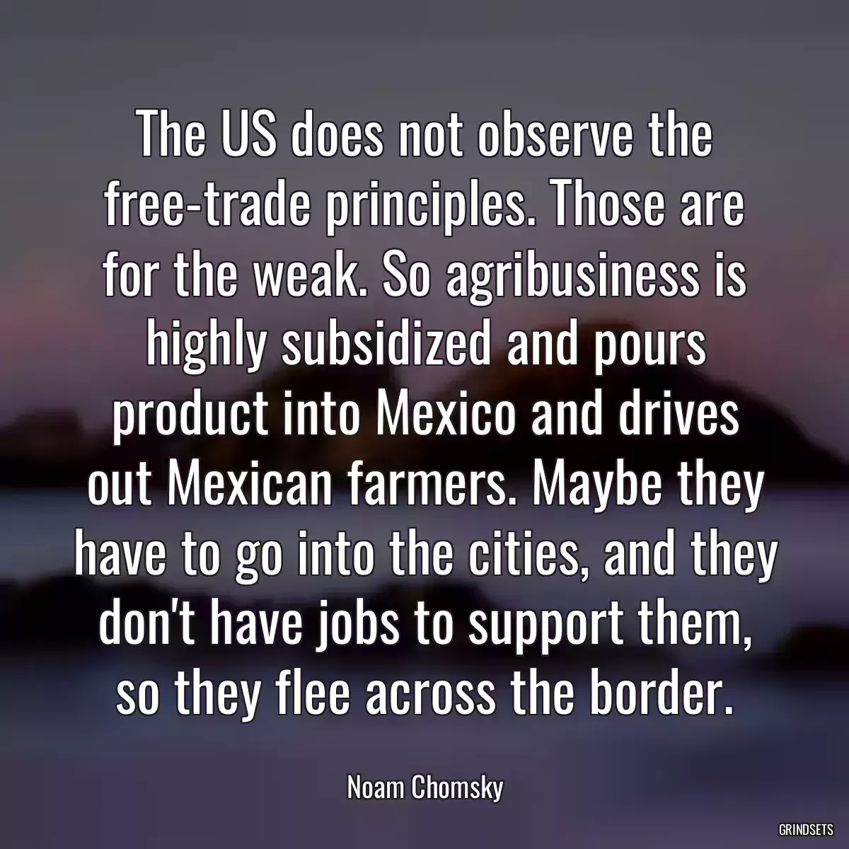 The US does not observe the free-trade principles. Those are for the weak. So agribusiness is highly subsidized and pours product into Mexico and drives out Mexican farmers. Maybe they have to go into the cities, and they don\'t have jobs to support them, so they flee across the border.