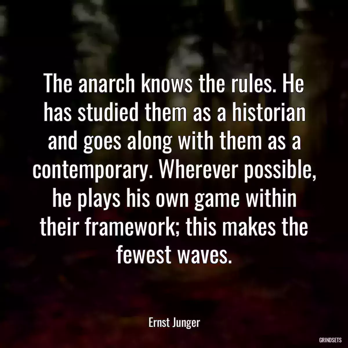 The anarch knows the rules. He has studied them as a historian and goes along with them as a contemporary. Wherever possible, he plays his own game within their framework; this makes the fewest waves.