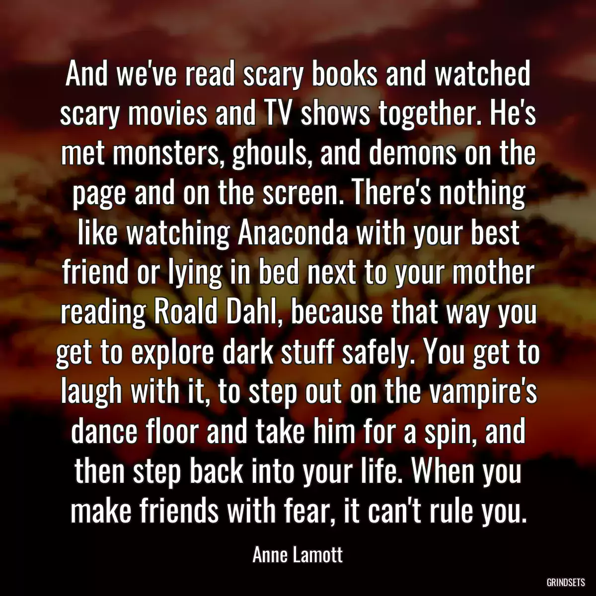 And we\'ve read scary books and watched scary movies and TV shows together. He\'s met monsters, ghouls, and demons on the page and on the screen. There\'s nothing like watching Anaconda with your best friend or lying in bed next to your mother reading Roald Dahl, because that way you get to explore dark stuff safely. You get to laugh with it, to step out on the vampire\'s dance floor and take him for a spin, and then step back into your life. When you make friends with fear, it can\'t rule you.