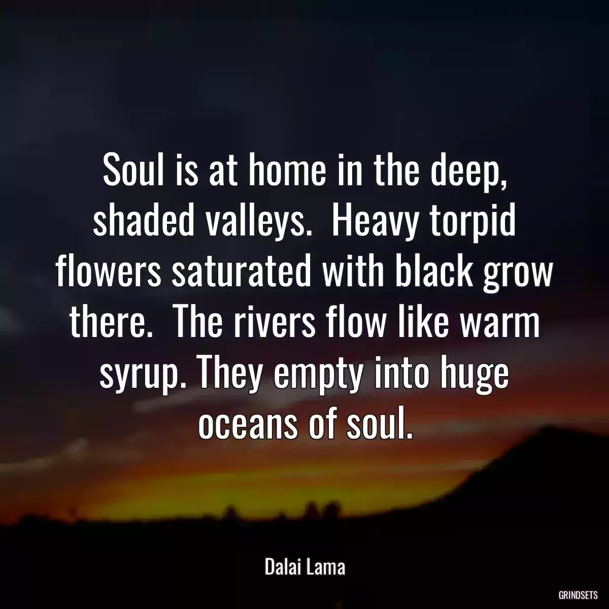 Soul is at home in the deep, shaded valleys.  Heavy torpid flowers saturated with black grow there.  The rivers flow like warm syrup. They empty into huge oceans of soul.