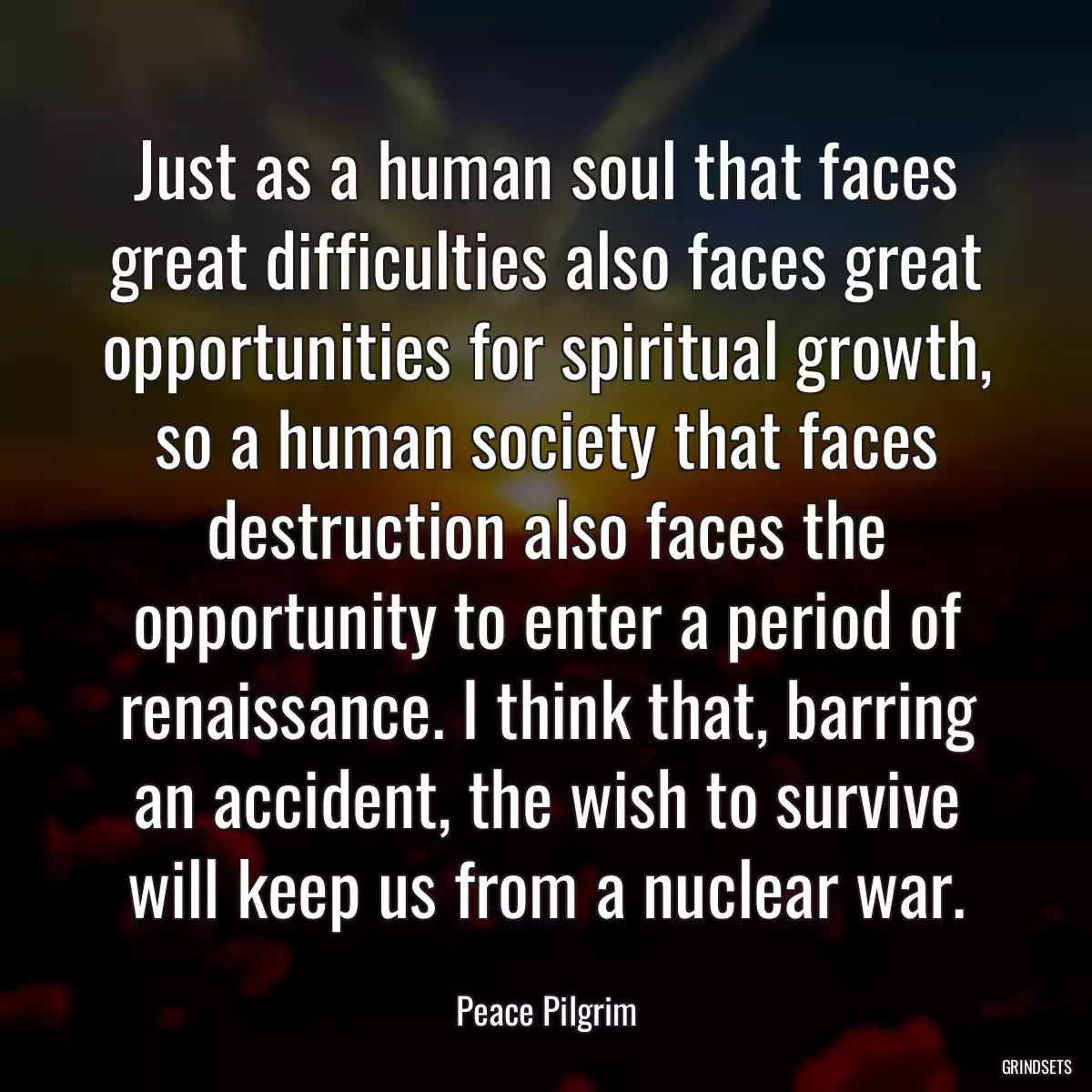 Just as a human soul that faces great difficulties also faces great opportunities for spiritual growth, so a human society that faces destruction also faces the opportunity to enter a period of renaissance. I think that, barring an accident, the wish to survive will keep us from a nuclear war.