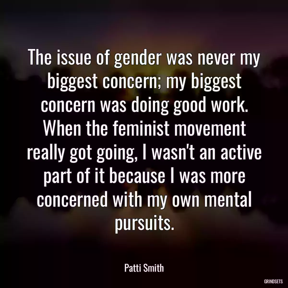 The issue of gender was never my biggest concern; my biggest concern was doing good work. When the feminist movement really got going, I wasn\'t an active part of it because I was more concerned with my own mental pursuits.