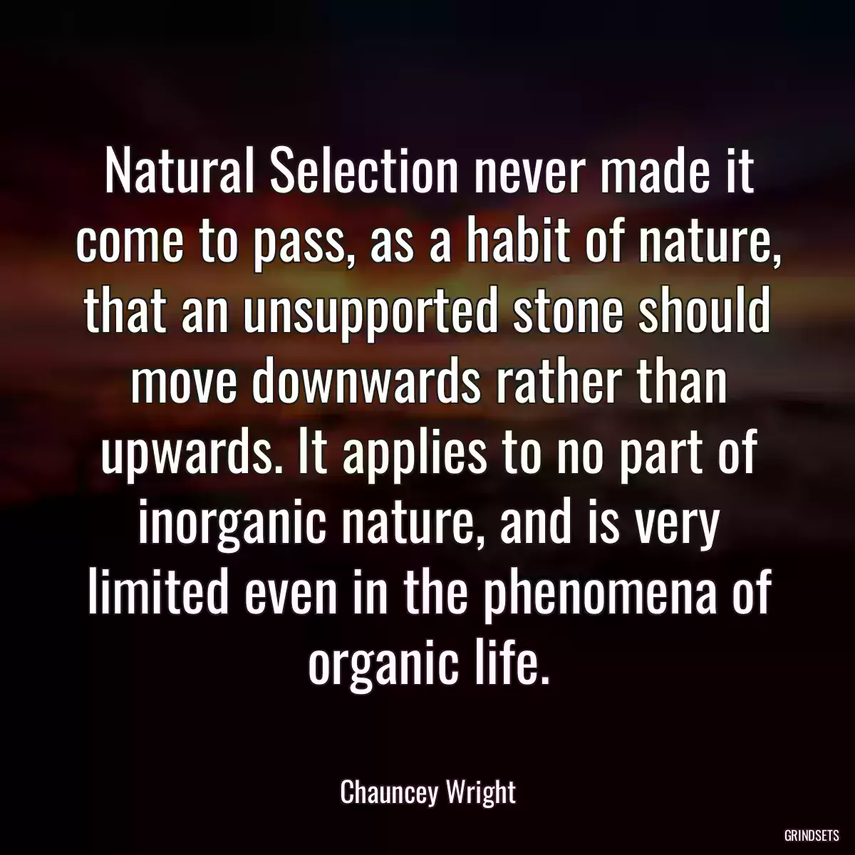 Natural Selection never made it come to pass, as a habit of nature, that an unsupported stone should move downwards rather than upwards. It applies to no part of inorganic nature, and is very limited even in the phenomena of organic life.