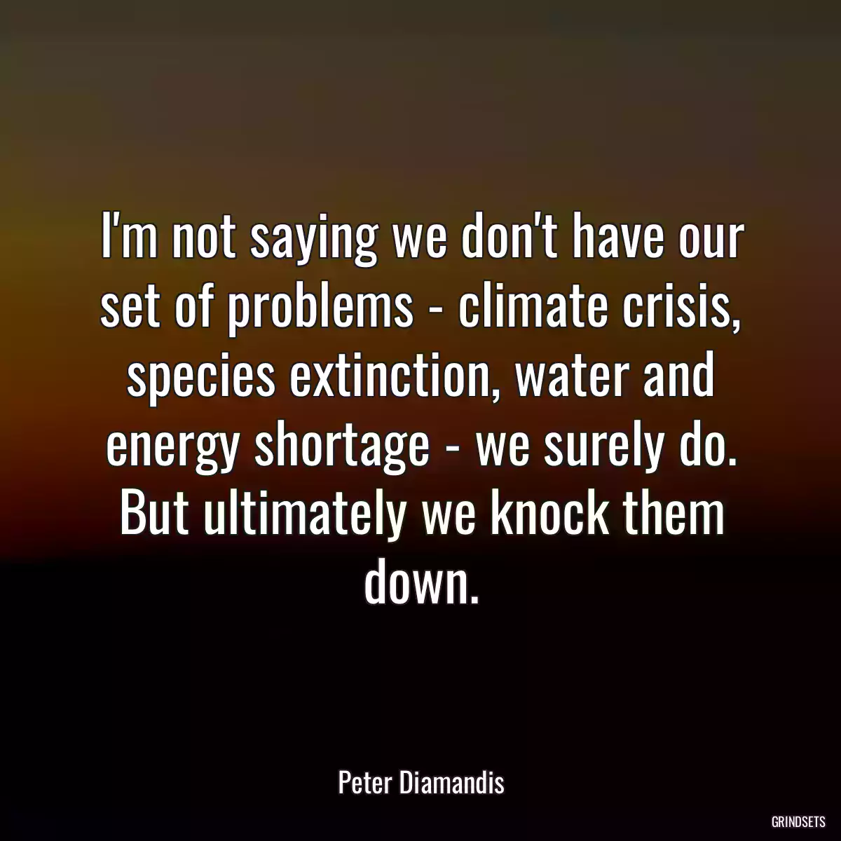 I\'m not saying we don\'t have our set of problems - climate crisis, species extinction, water and energy shortage - we surely do. But ultimately we knock them down.