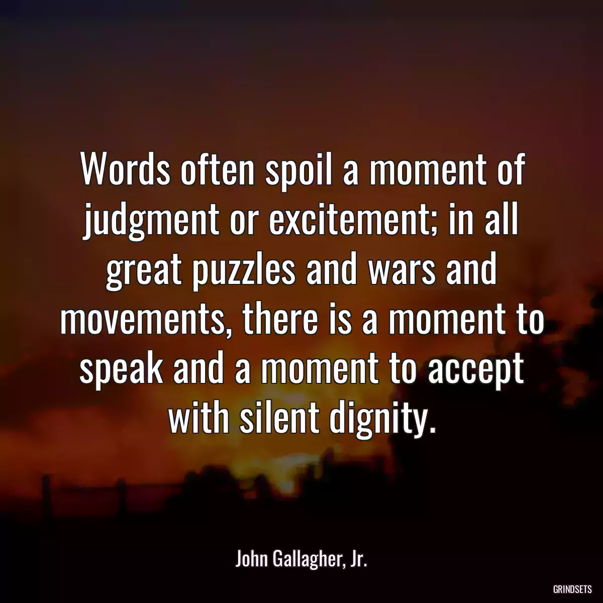 Words often spoil a moment of judgment or excitement; in all great puzzles and wars and movements, there is a moment to speak and a moment to accept with silent dignity.