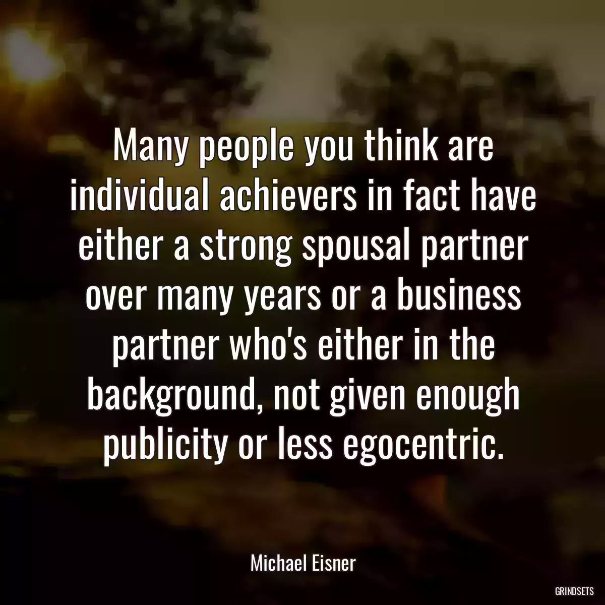 Many people you think are individual achievers in fact have either a strong spousal partner over many years or a business partner who\'s either in the background, not given enough publicity or less egocentric.