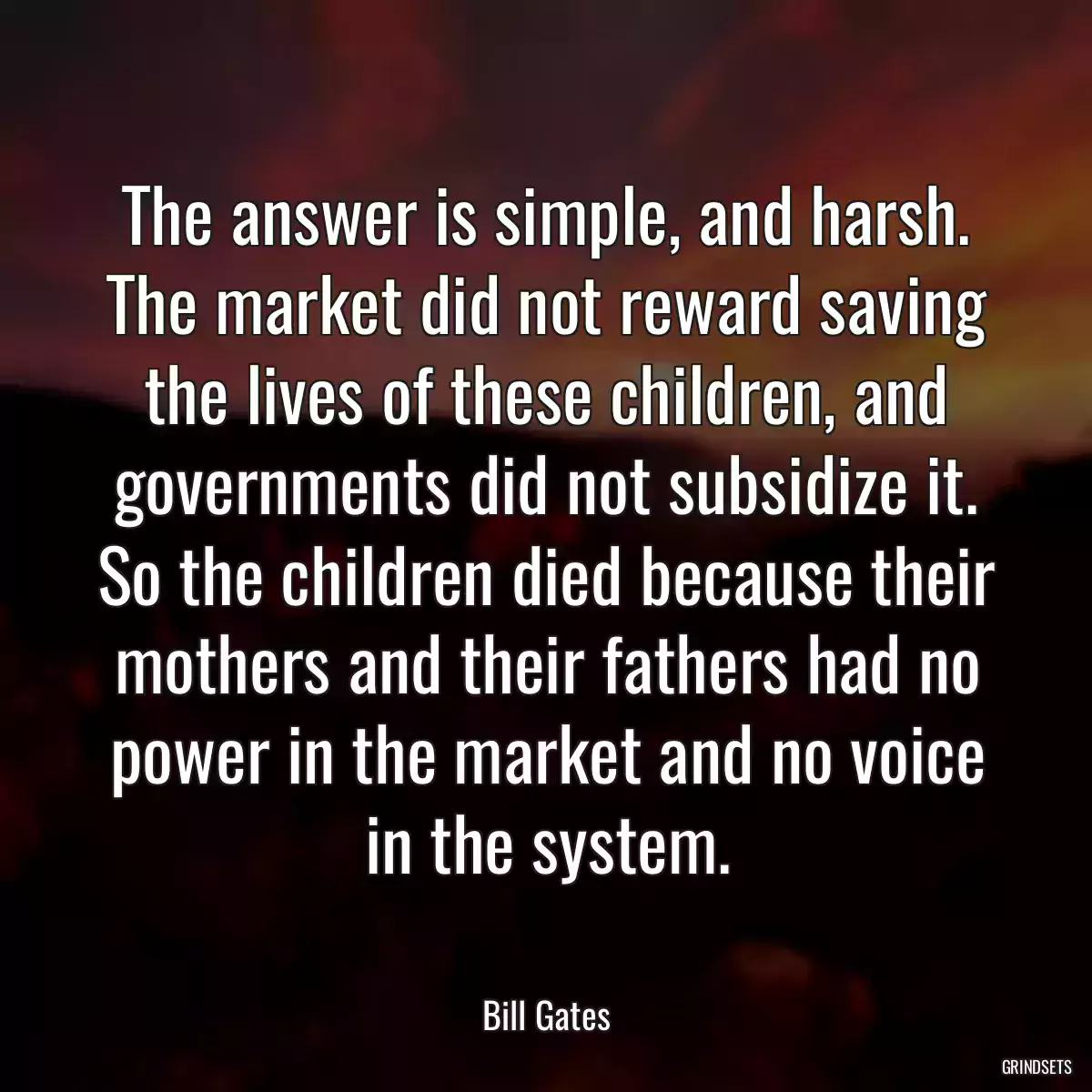The answer is simple, and harsh. The market did not reward saving the lives of these children, and governments did not subsidize it. So the children died because their mothers and their fathers had no power in the market and no voice in the system.